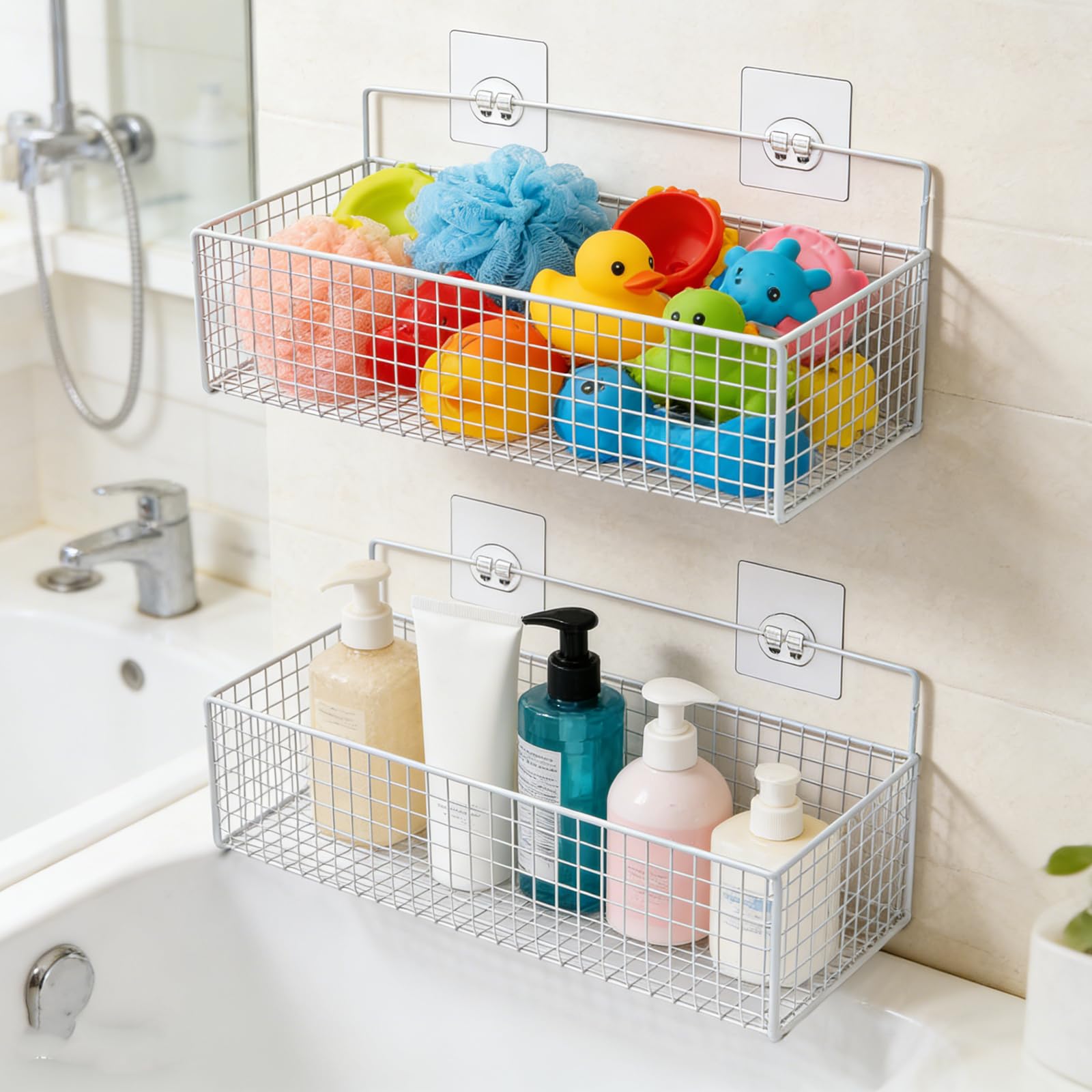 Badespielzeug-Aufbewahrung, 2 Stück, Metallnetz, Badespielzeug-Organizer für Badewanne, Wand und Dusche, große Kapazität, Duschspielzeughalter mit rostfreiem Hängekorb-Design für Toilette, Badezimmer