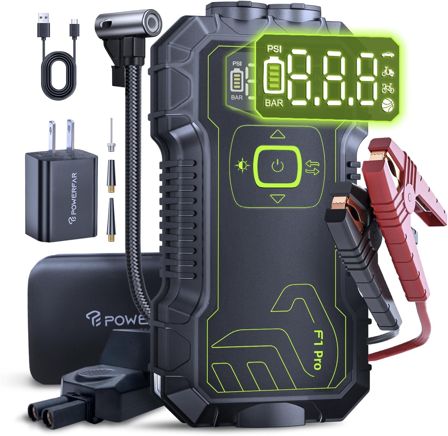 POWERFAR Car Jump Starter with Air Compressor 160PSI, 4500A Car Battery Jump Starter Battery Pack (9L Gas/8L Diesel), 12V Car Starter Jump Box, Type-C Fast Charging，USB QC 3.0，Extension Jumper Cable