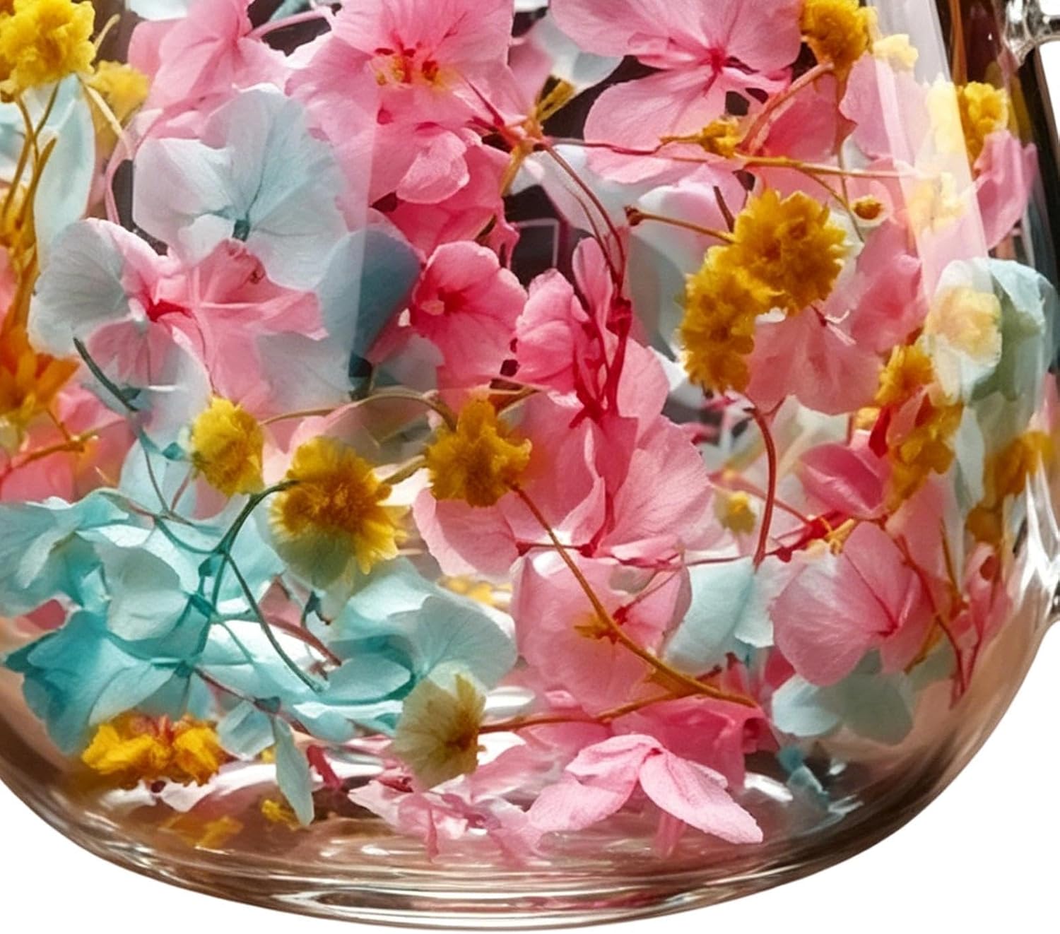 Floral Layer Glass Mug - Double Tea Cup, 3.74 Inches Insulated Mug with Color Petal Design, Beverage Vessel, Handle Glassware, Drinkware Mugs for Hot Cold Tea Coffee Whiskey Beer Everyday Drinking