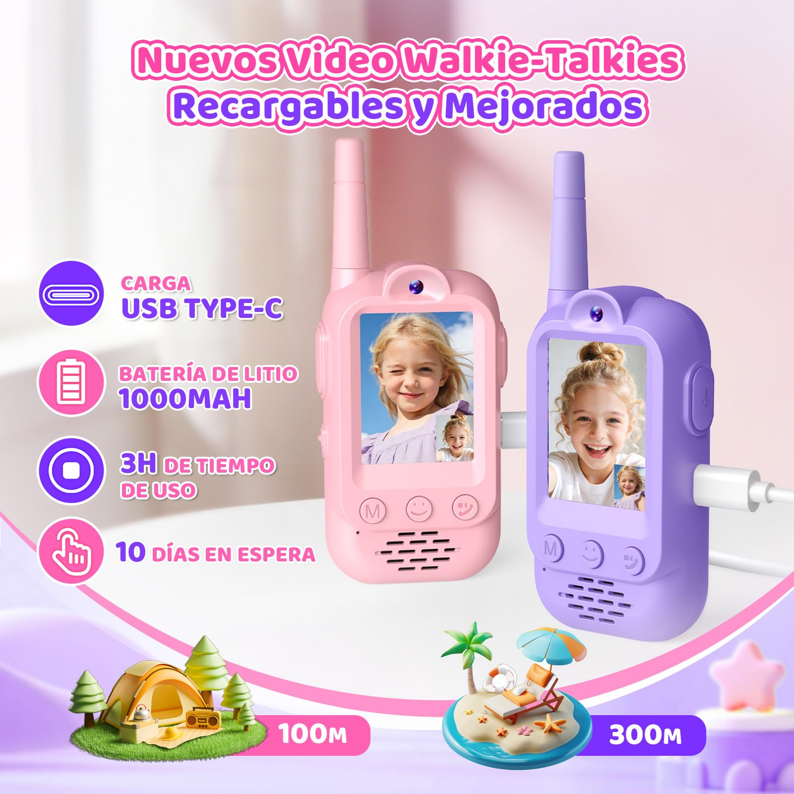 iKidiki Walkie Talkie Niños Recargable, Regalo Niñas 3 4 5 6 7 8 Años Walkie-Talkie con Vídeo para Niños Juguetes Niñas 3-8 Años Regalos Cumpleaños Juguetes para Niñas