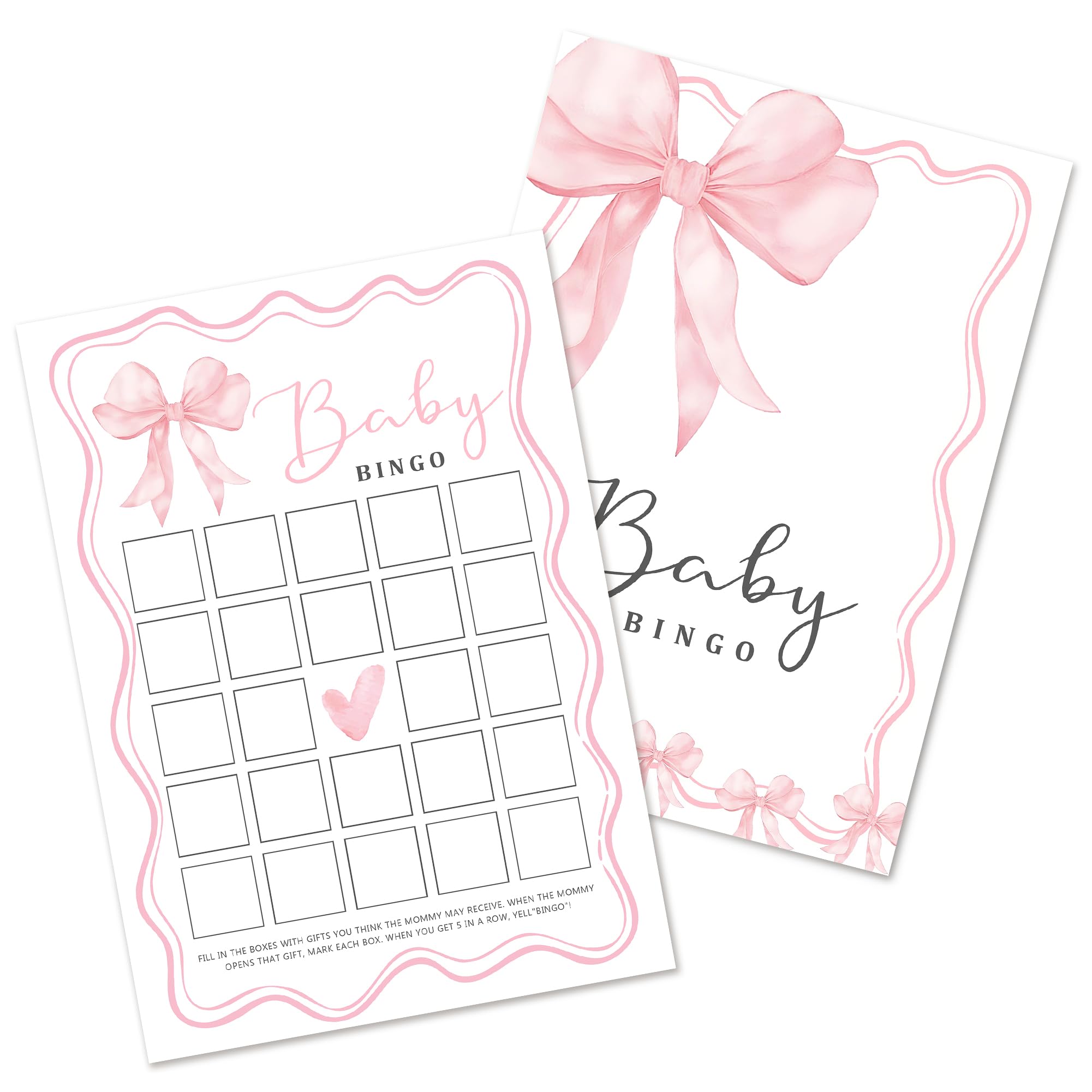 25 x Baby Shower Game Cards, Baby-Shower Bingo Games, Baby Girl Party Favours, Pink Bow Theme