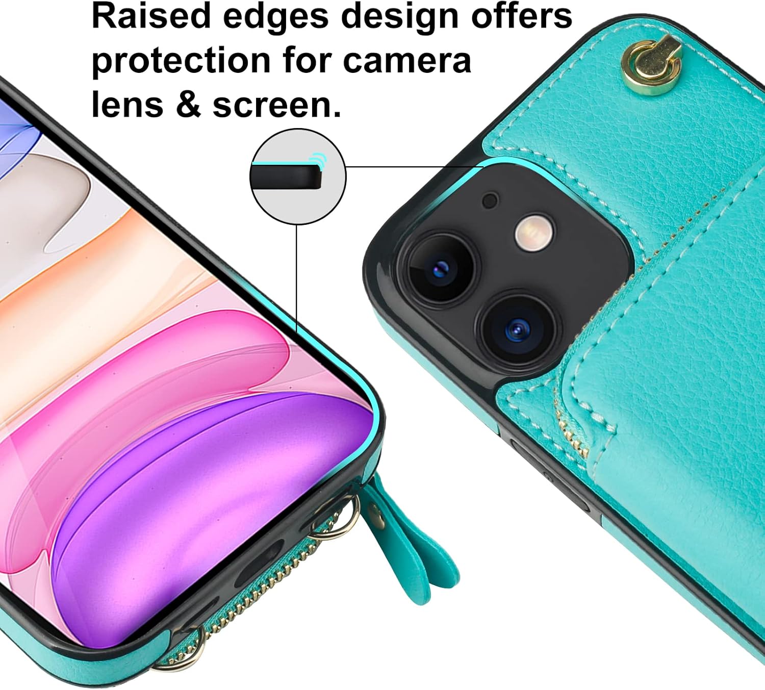 Bocasal Crossbody Wallet Case for iPhone 11, RFID Blocking Leather Purse Case with Card Holder, Protective Handbag Flip Cover with Zipper Wrist Strap Lanyard for Women 6.1 Inch (Mint Green)