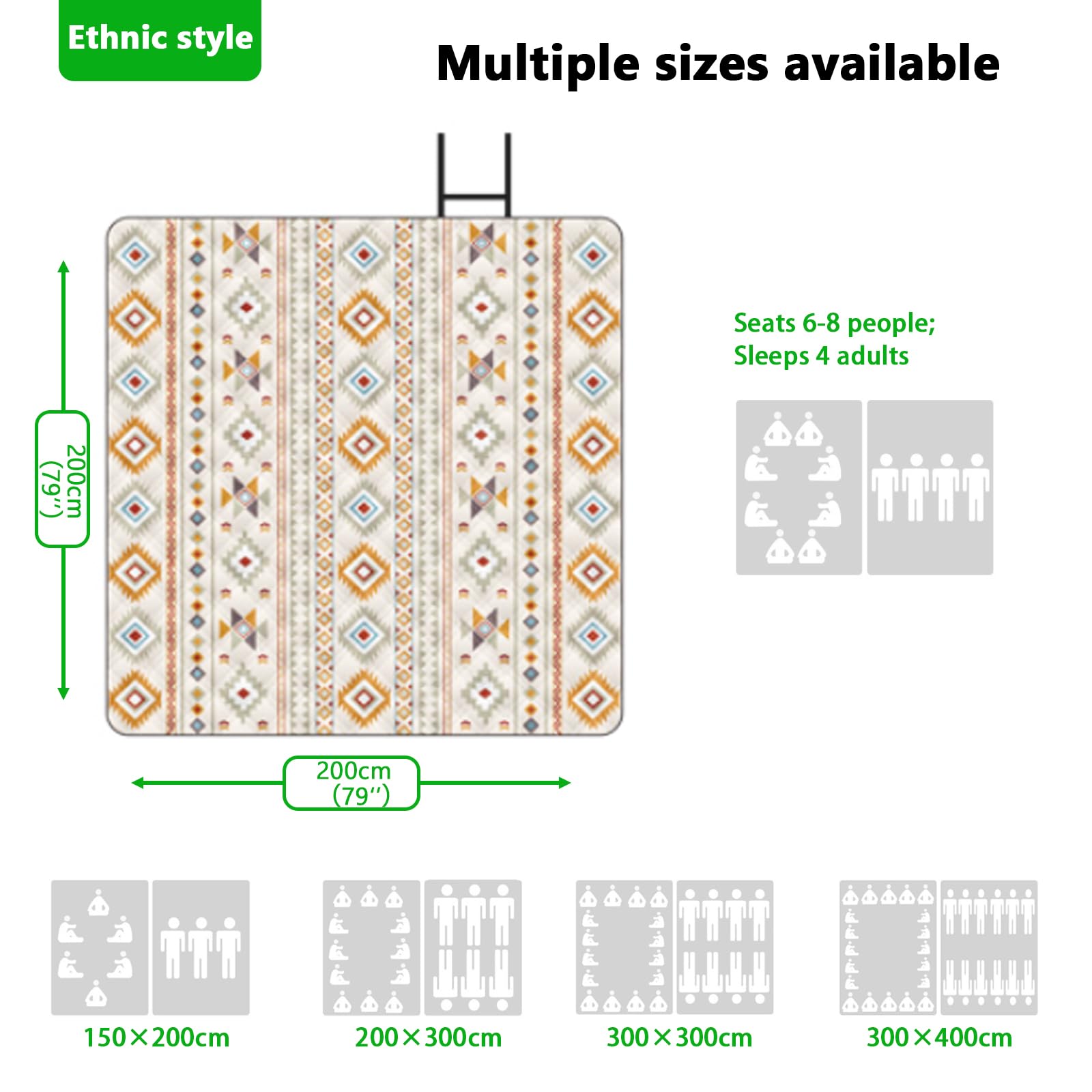 Billg Coperta Da Picnic, 300 X 400 Cm Coperta Da Spiaggia, Coperta Pic Nic Stile Etnico, Portatile Tappeto Da Spiaggia, Tappeto Gioco Per Esterno, Impermeabile, Con Manici, Lavabile. (L, 150×200cm)