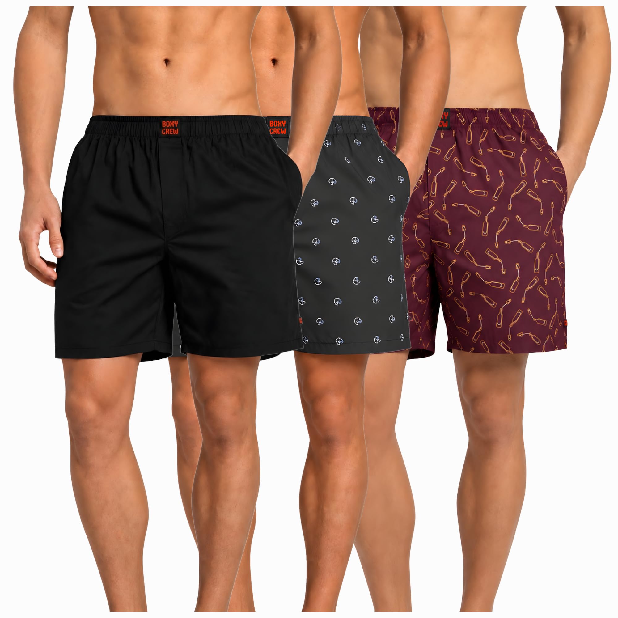 Men's 100% Cotton Boxer Shorts Pack of 3, Black, Navy Blue & Maroon | Woven Boxers with Side Pockets, No-Marks Elastic Waistband, Breathable Relaxed Fit | Style 001-009-014-image-45