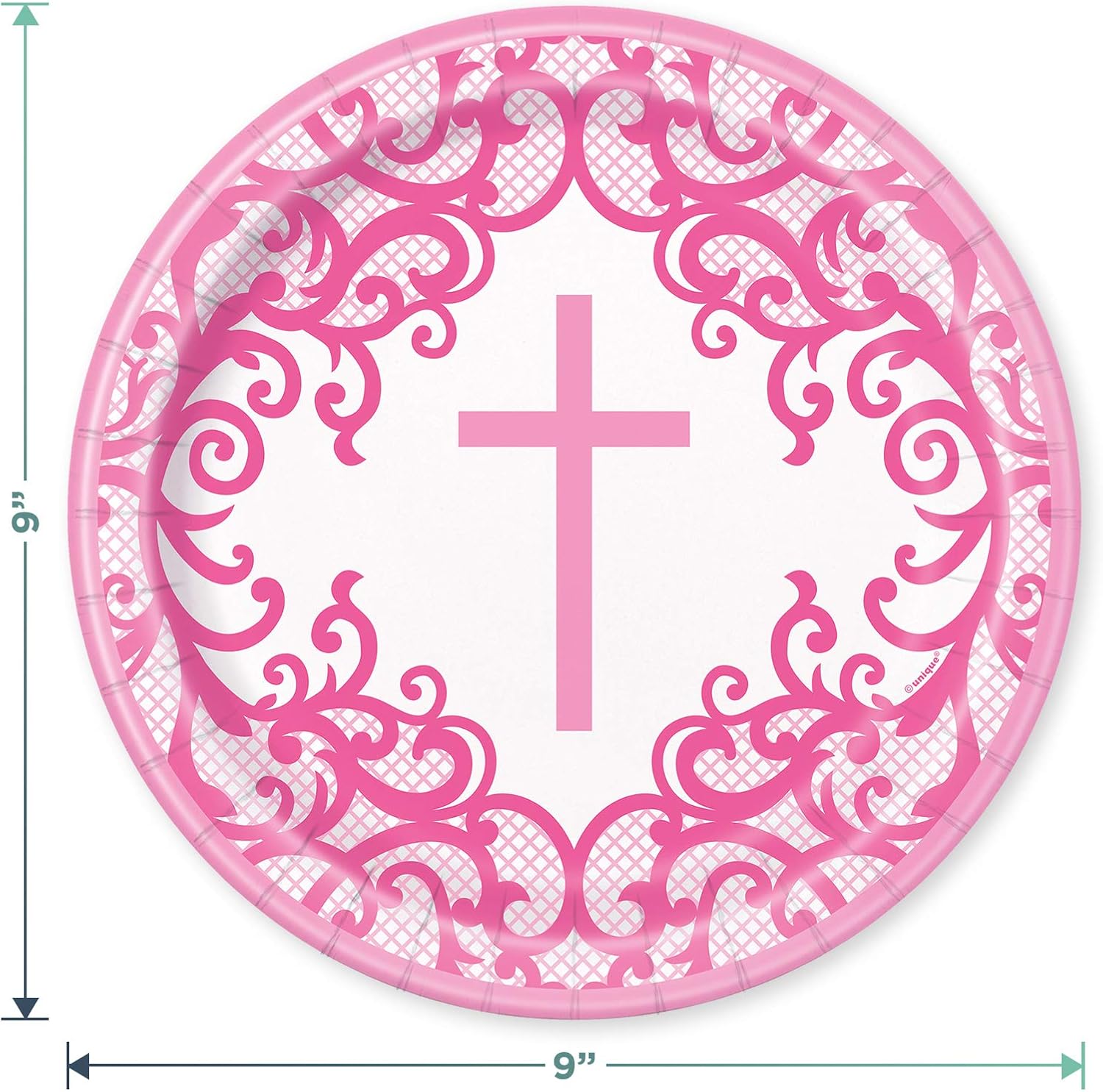 Fancy Pink Religious Cross Dinner Party Pack - Paper Plates, Luncheon Napkins, Cups, and Table Cover Set (Serves 16)