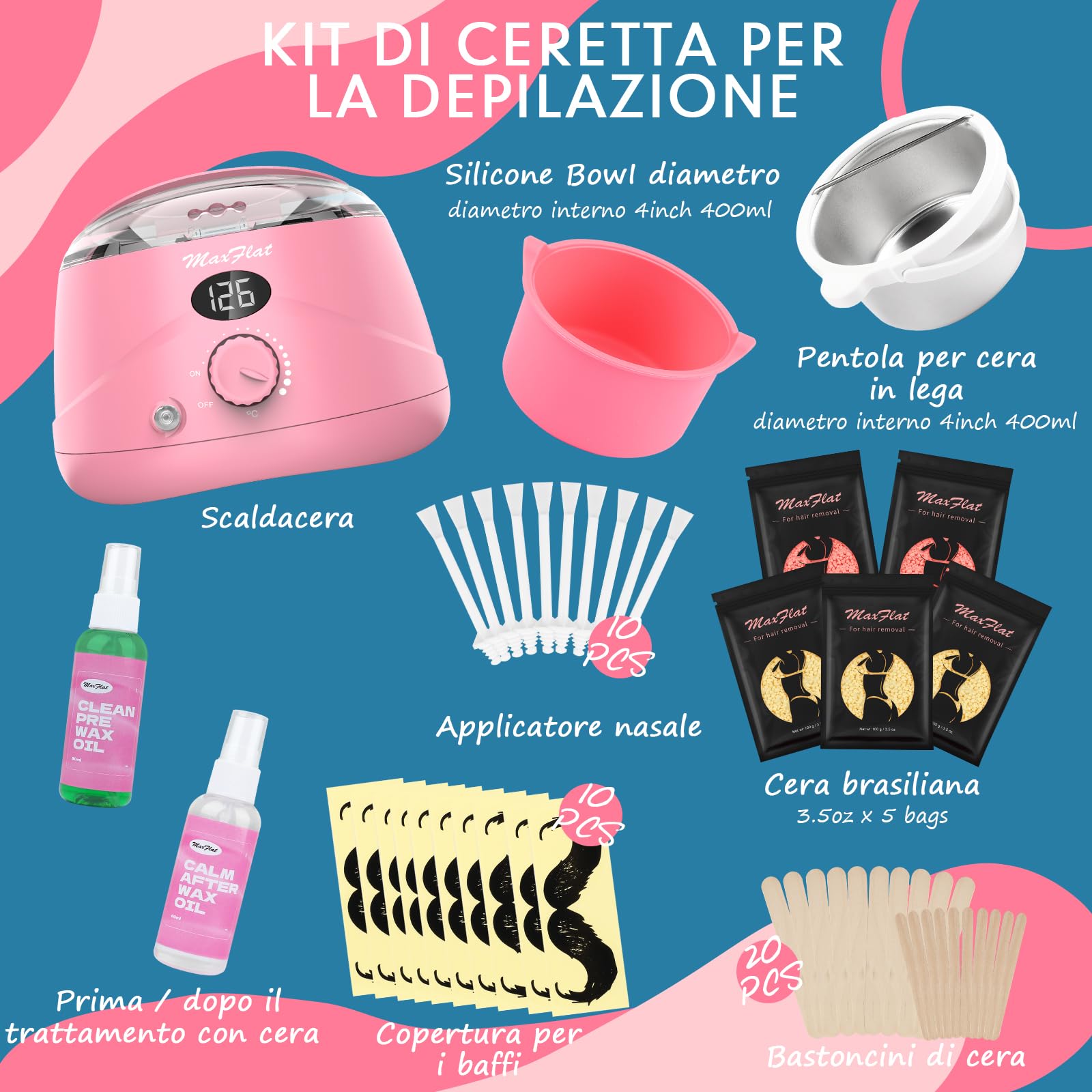 Scaldacera, scaldacera professionale ceretta brasiliana scalda cera per ceretta con cera brasiliana kit completo (Pink)