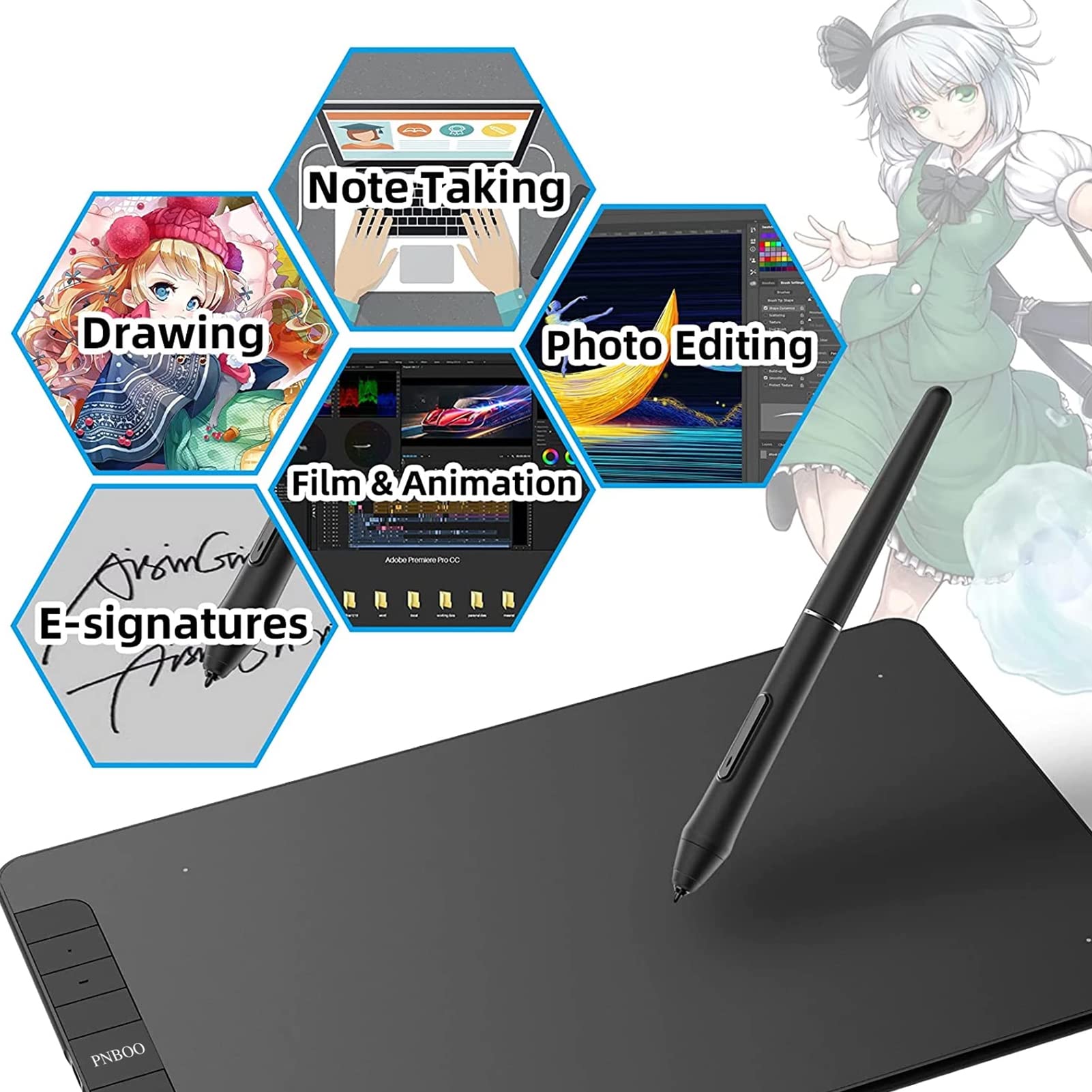 Irfora PN1060 Tableta gráfica de Dibujo 10 x 6 Pulgadas Área Activa 8192 Niveles Función de inclinación de presión Tablero de Dibujo de aniión de Arte con lápiz óptico sin batería 28 Puntas de