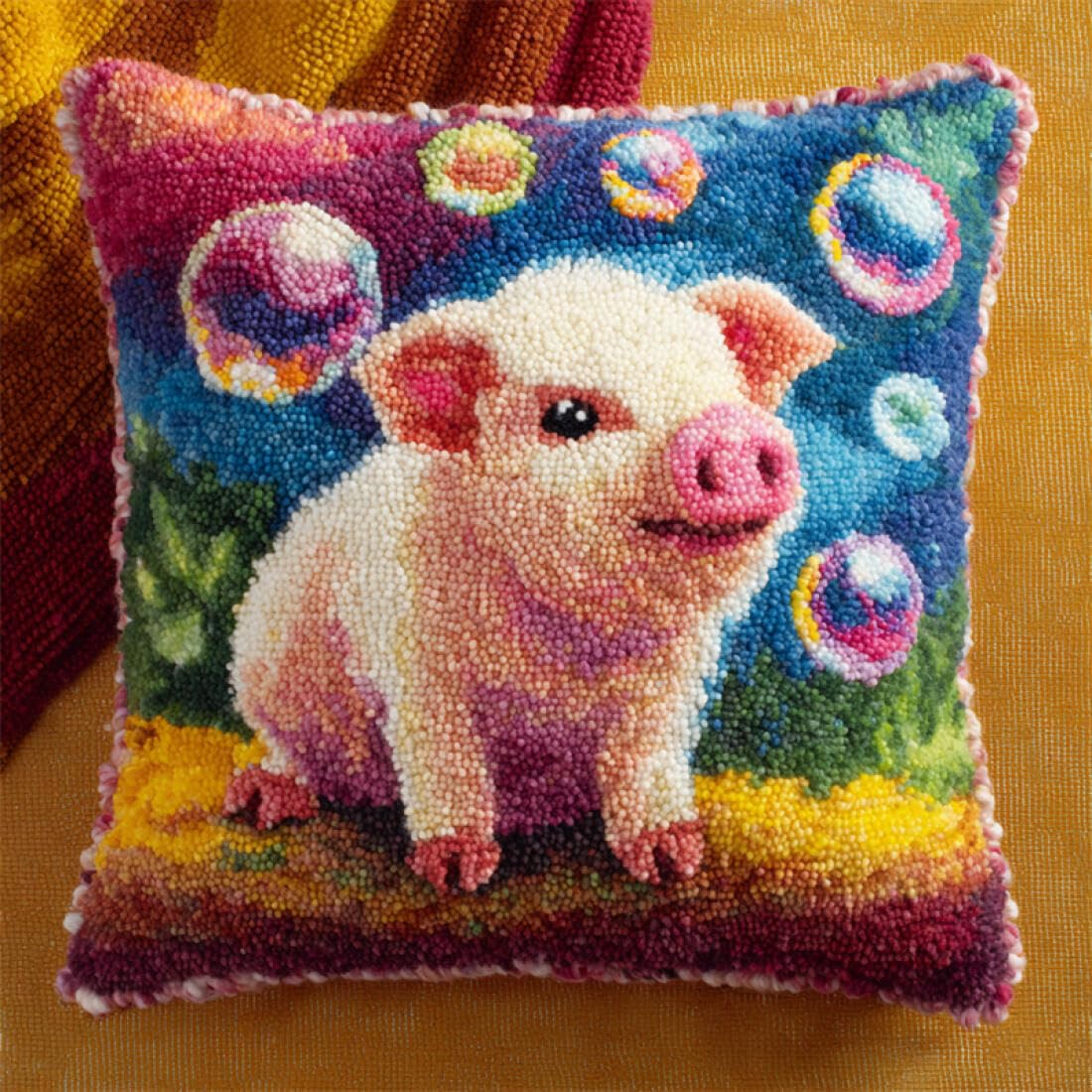 Kitquiver Animal Latch Hook Craft Kits Fantasy Pig DIY Latch Hook Kits Pillow Printed Cushion Crochet Yarn 3D Embroidery Set Pillowcase Rug Home Decor 17x17In