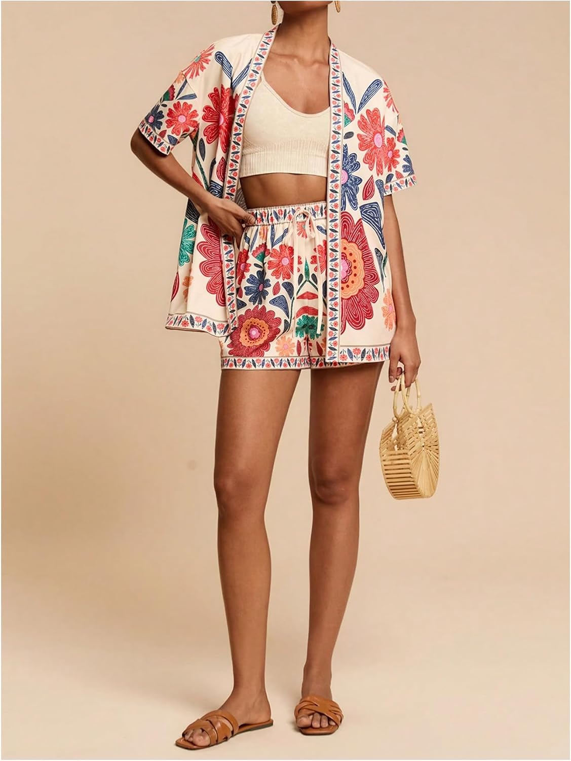 MakeMeChic Women's Tropical Beach Vacation Outfits Summer Two Piece Sets Boho Floral Kimono Tops and Shorts Set - Image 5