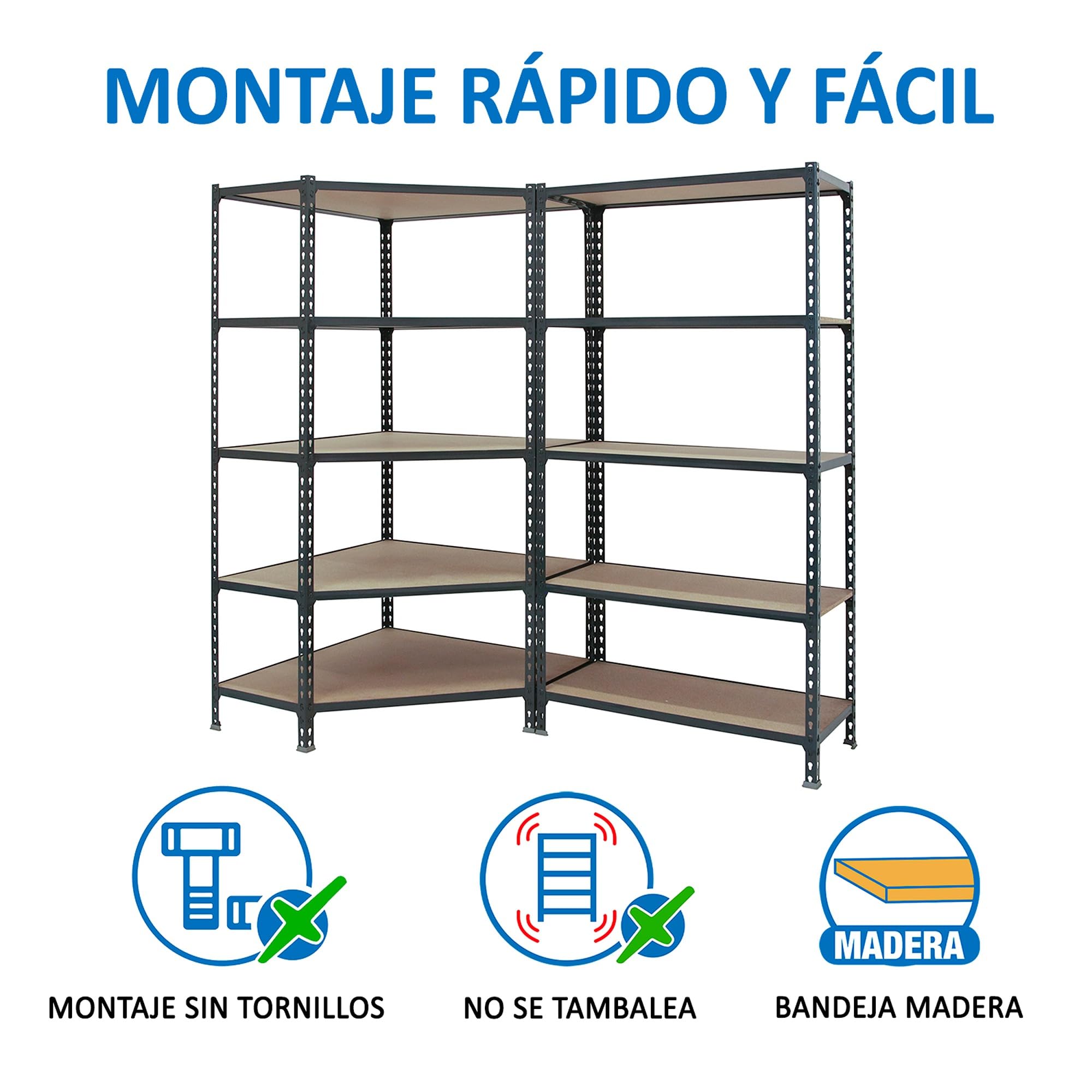 Simon Rack Estanteria Esquina Metalica, 1800x1800x500 mm, 5 Baldas Madera, 200 kg de Punto Flexión, Estanterías Almacenaje, 1 Módulo Extra, Antracita/Madera - Maderclick Corner