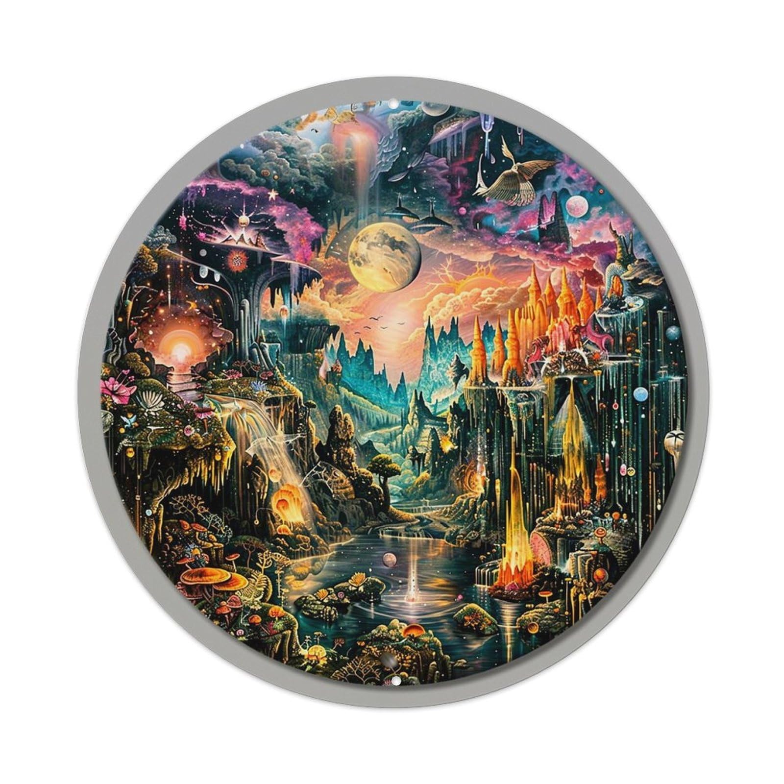 Fantasy Landscape With Celestial Elements Retro Metal Sign Round Tin Sign, Vintage Decor Art Poster for Bar, Home, Man Cave, Kitchen, Laundry Room Gift 8x8Inch