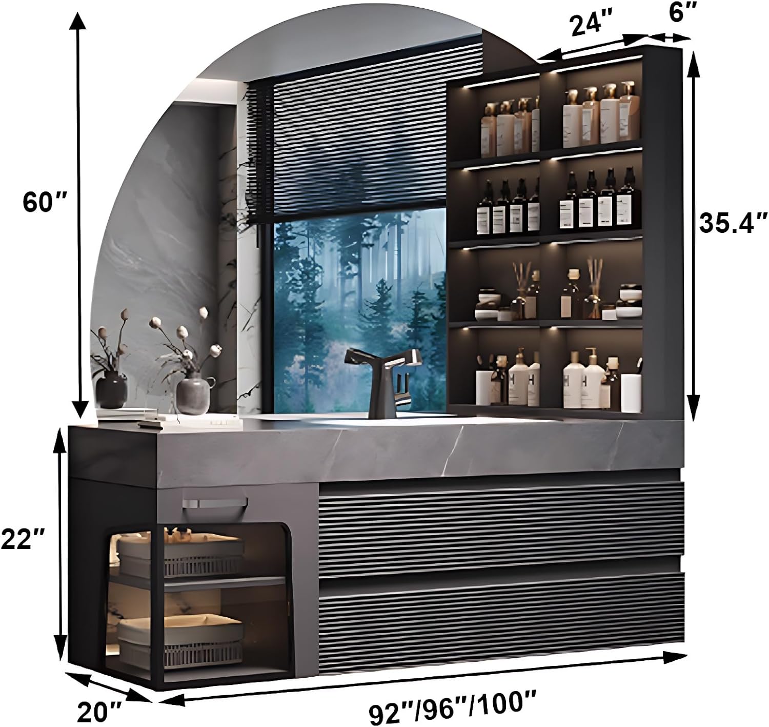 Bathroom Vanity - Wall Mounted Bathroom Vanity with Seamless Sink, Includes Smart Defog Mirror, Modern Sink with Drawers & Side Storage, Easy to Install (Black-Round Mirror,100IN)