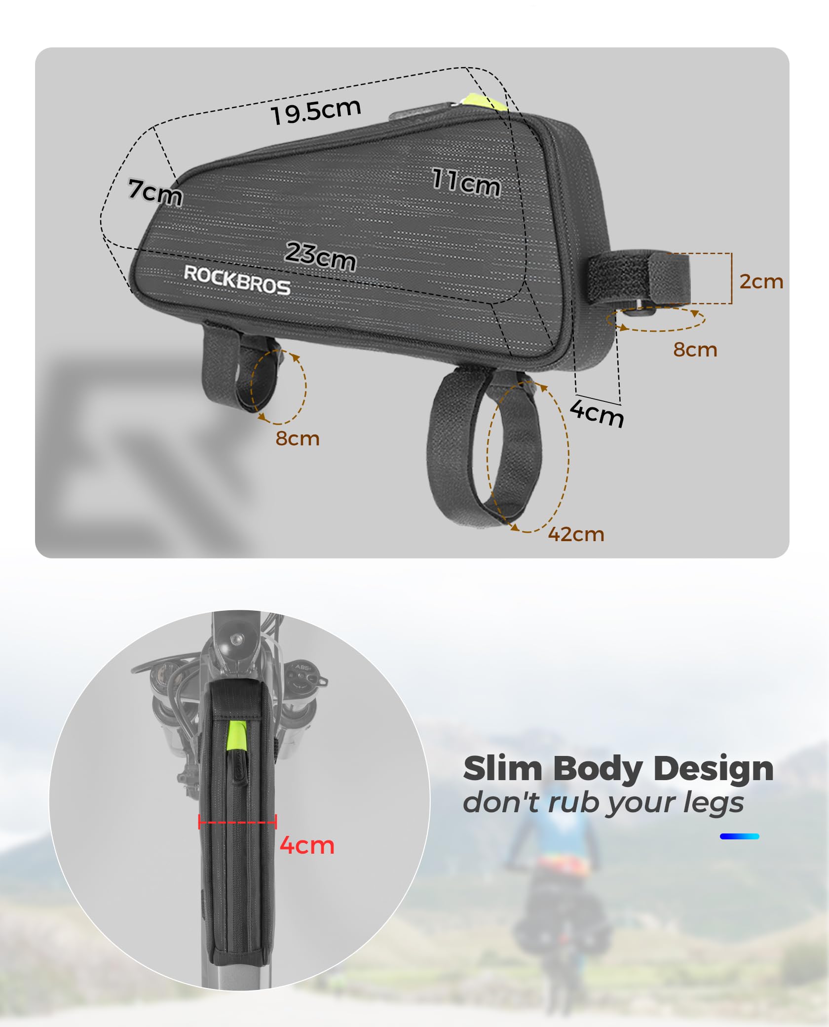 ROCKBROS Borsa per Telaio - Borsa per Tubo Orizzontale - per Bicicletta, Borsello per Bici di Forma Stretta per MTB, Bici da corsa, E-bike circa 1,1L