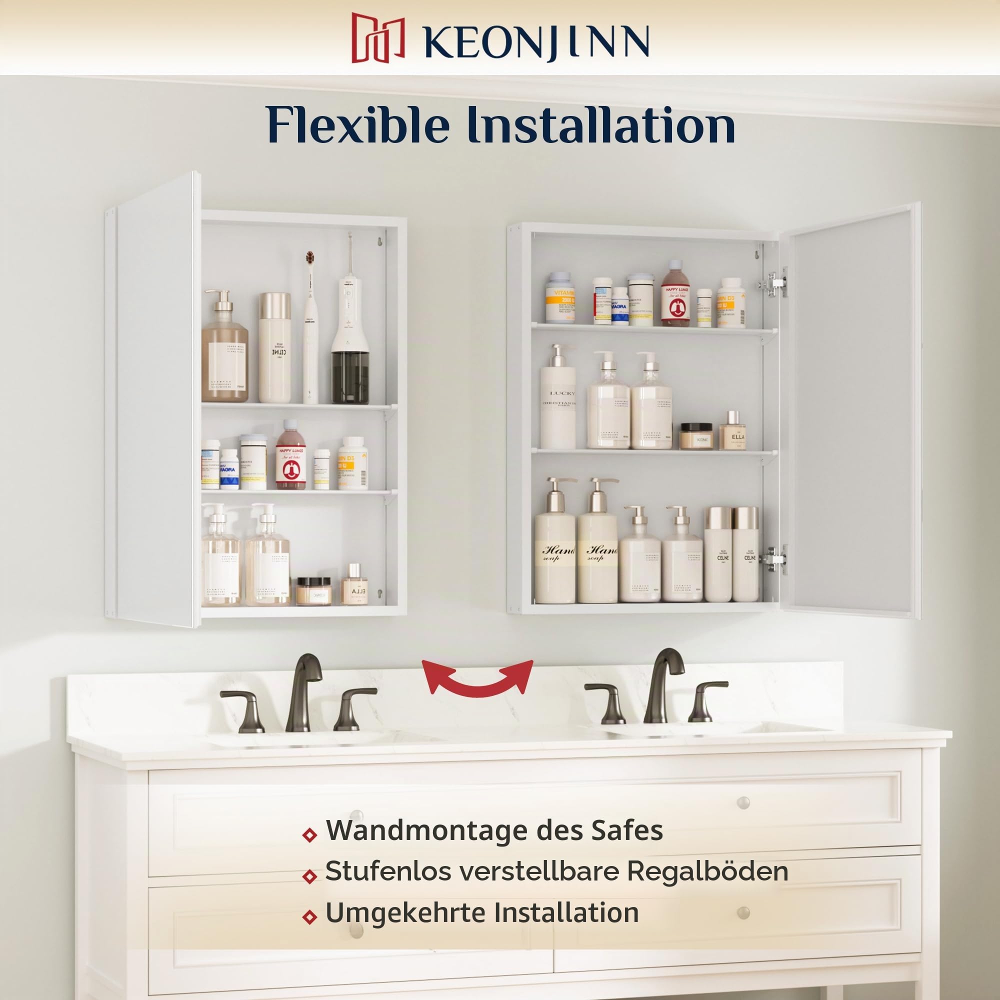 Keonjinn Spiegelschrank Bad, 60 x 80 cm Badezimmerschrank mit Spiegel, Hängeschrank mit verstellbaren Regalen, Modern Wandschrank für Badezimmer, weiß