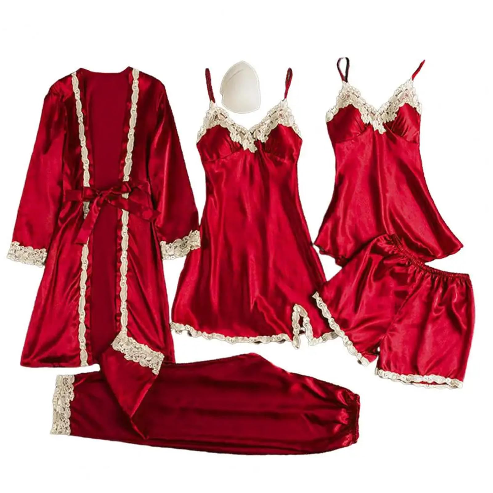 5-teiliges Damen-Pyjama-Set, Nachthemd, Oberteil, Shorts, Hose, seidiger Satin, Spitze, Schnürung, Taille, Nachtwäsche-Set