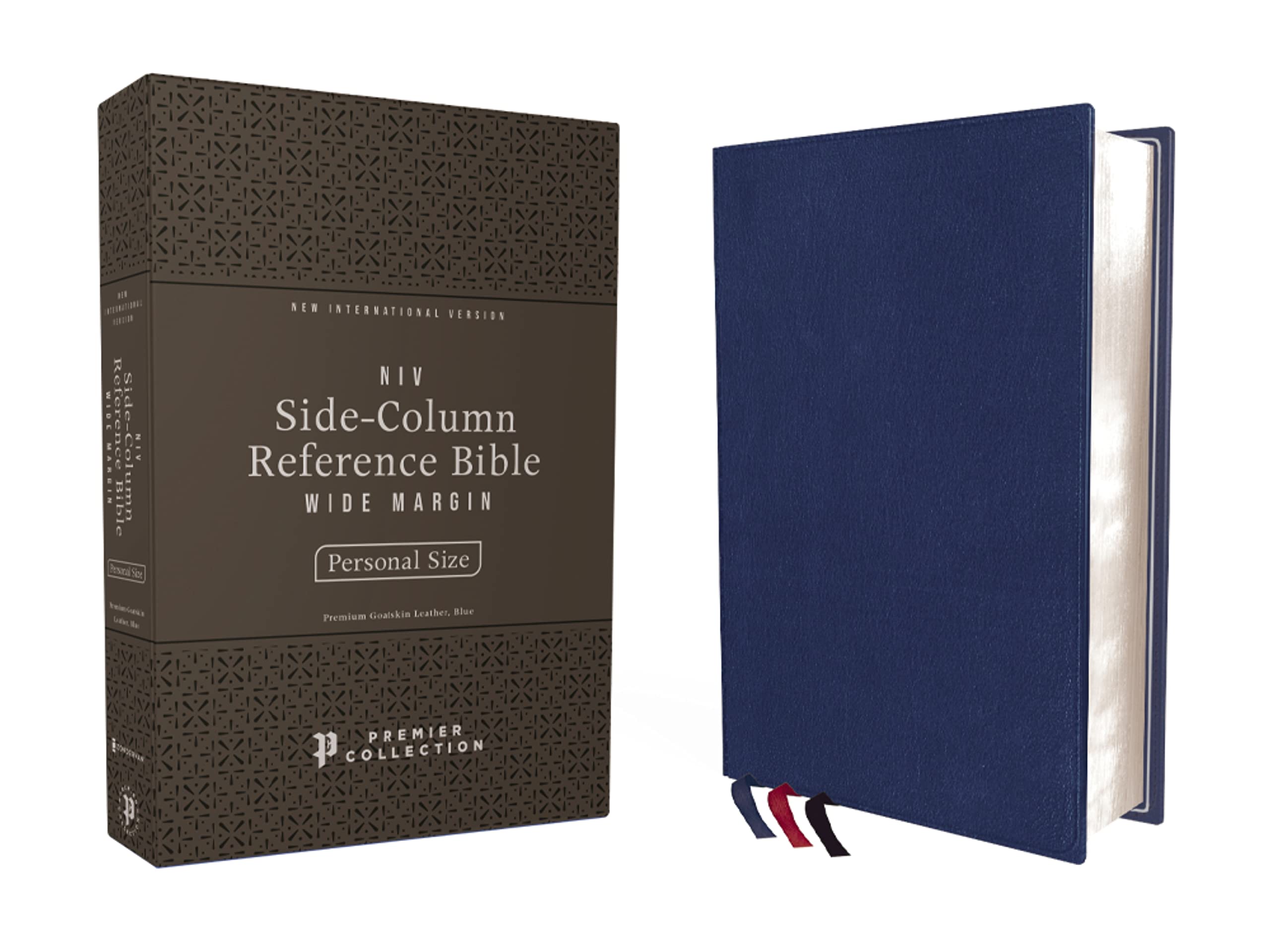 NIV, Side-Column Reference Bible (Deep Study at a Portable Size), Personal Size, Premium Goatskin Leather, Blue, Premier Collection, Art Gilded Edges, Comfort Print Leather Bound – February 14, 2023