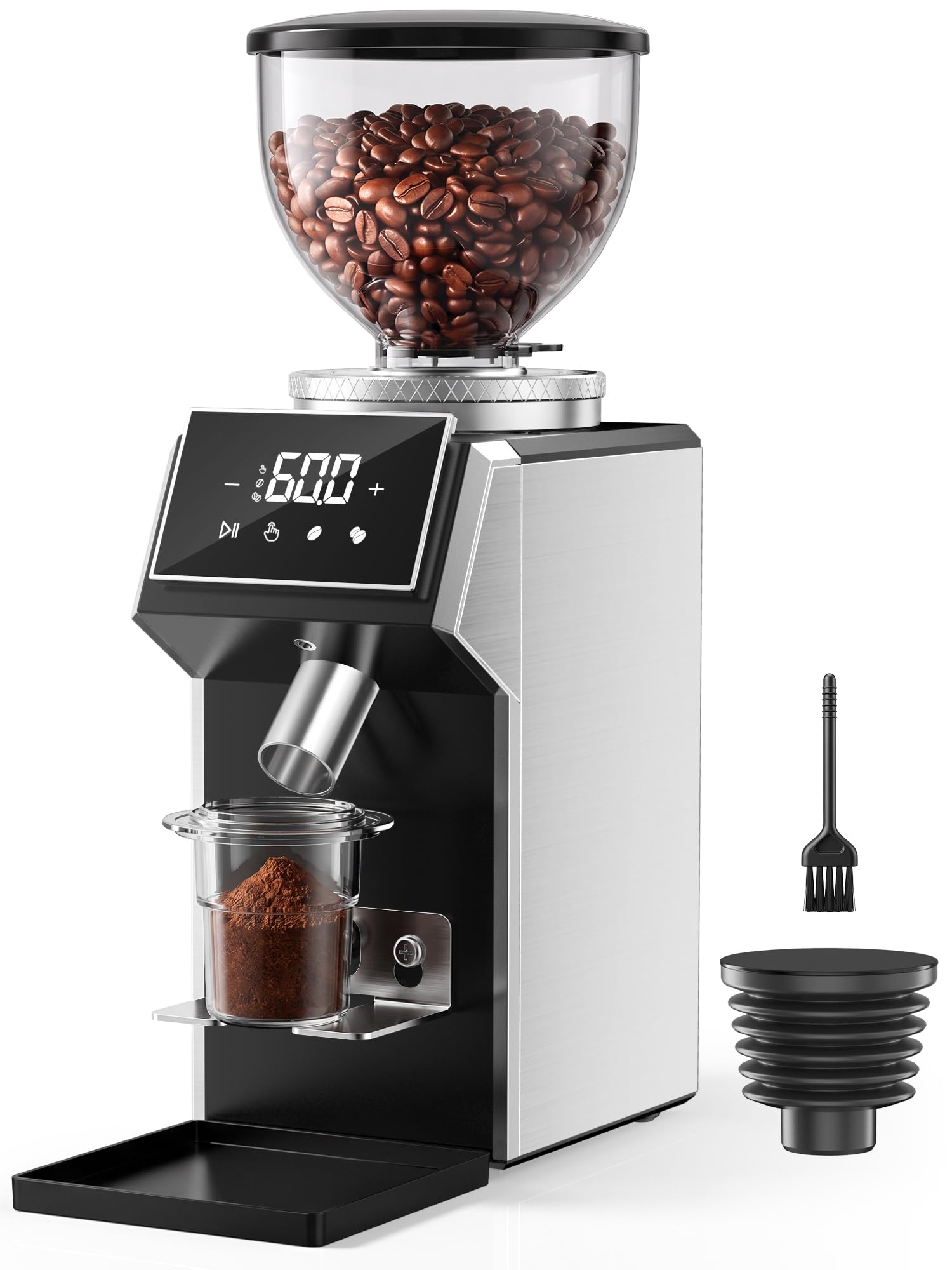 Aromaster 64mm Flat Burr Coffee Grinder,100 Settings,Stainless Steel,Silver | Single-Dose Hoppers, 0.1s Timer, Commercial-Grade Precision, Anti-Static,Touchscreen, Removable Burr for Turkish&Pour Over