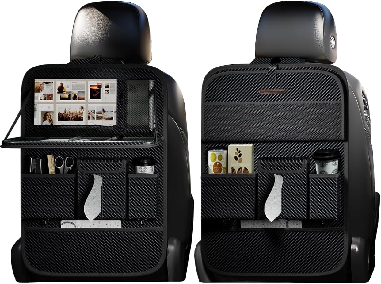 Car Seat Organizers,Multi-functional Back Seat Protectors, Storage Pouches, and Tray Holders (for Cars, Kids, Seat Back and Rear Seats) (Carbon Fiber, 2 Pcs)