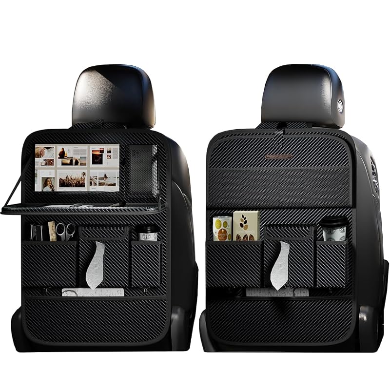 Organizador para Encosto de Banco XDV com Mesa Dobrável, Porta-Tecidos e Bolsos, Acabamento Fibra de Carbono, 2 Peças
