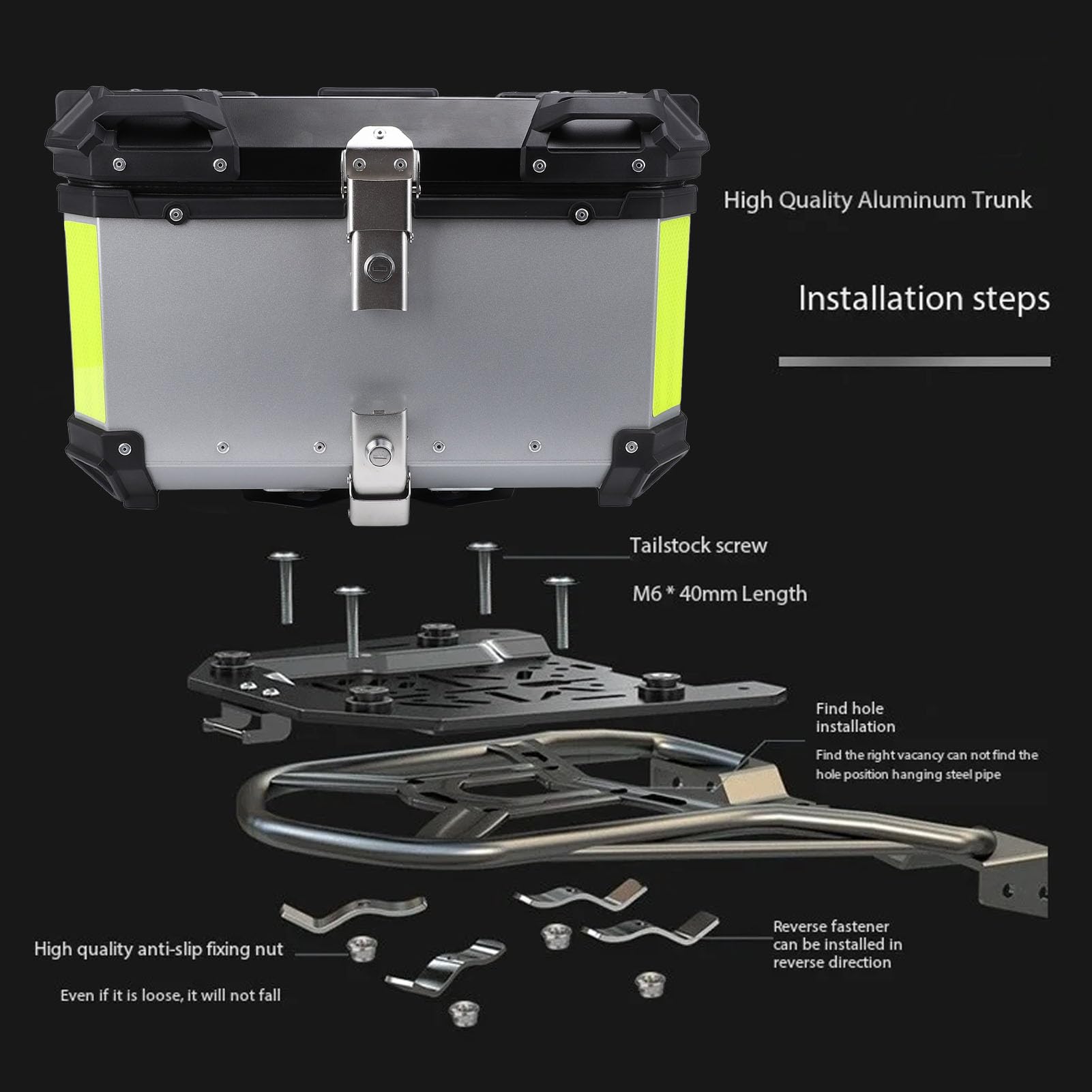 Dilwe Górna Obudowa Motocykla 50L Skrzynka na Tylne Motocykle ze Stopu Aluminium z blokadą zabezpieczającą Płyta Dolna z szybkozłączką Odblaskowa Naklejka dla Rowerzystów Dojeżdżających do Pracy