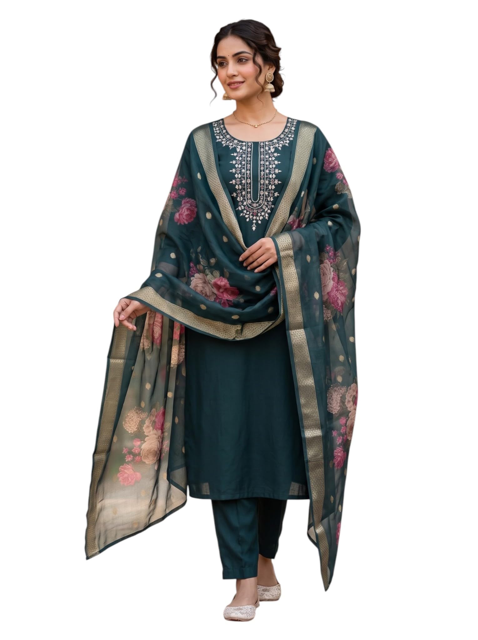 Women Embroidered A-Line Kurta Pant Set with Printed Dupatta-picture-18