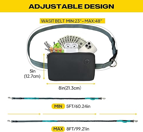 Miniatura 6 de Fida Correa de perro 3 en 1 manos libres con bolsa de cremallera, correas elásticas y reflectantes Correa ajustable de 5 a 8 pies para correr con