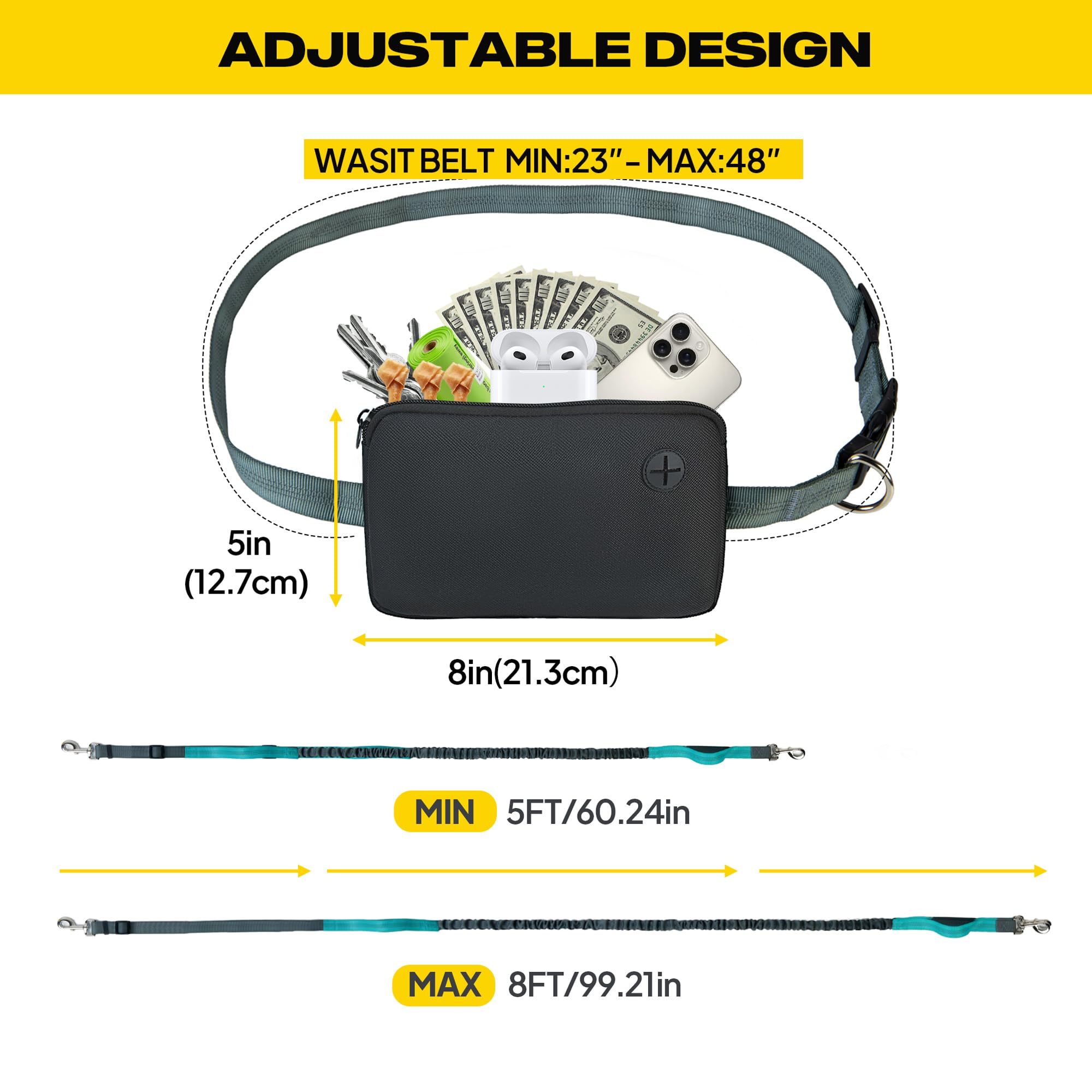 Fida 3-in-1 Hands Free Dog Leash with Zipper Pouch, Bungee & Reflective Straps – Adjustable 5-8ft Crossbody/Waist Running Leash for Dogs, Detachable Traffic Handle for Safe Walking & Jogging - image 6