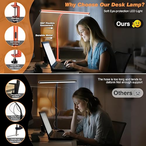 Miniatura 4 de Lámpara LED de escritorio para oficina en casa, luz con atenuación continua, cuello flexible ajustable, adaptador USB de 10 W, abrazadera para leer,