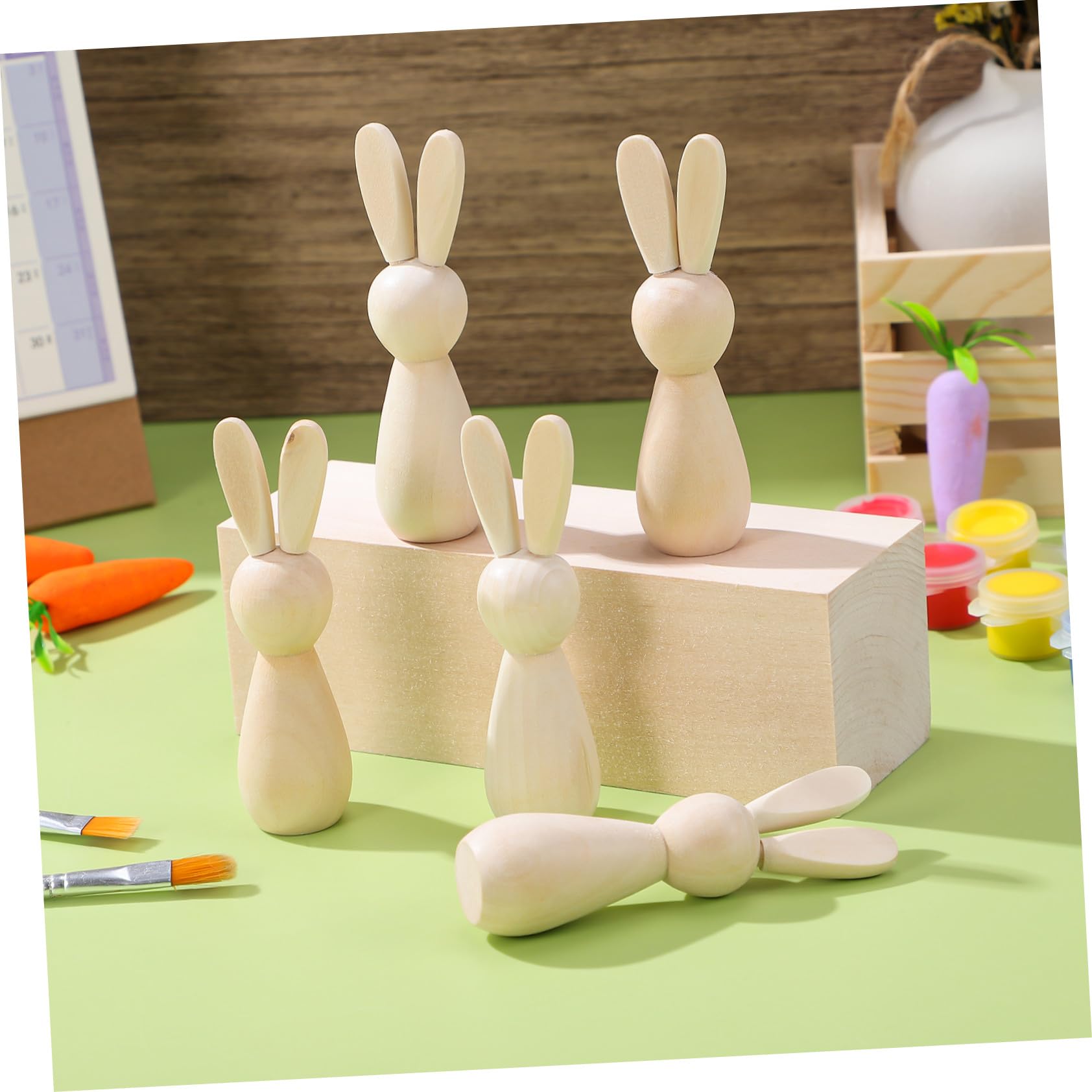 Figuras de Conejo de Madera para Pintar Diy 5 Piezas Color Beige Decoración para Mesa de Habitación, Manualidades para Niños