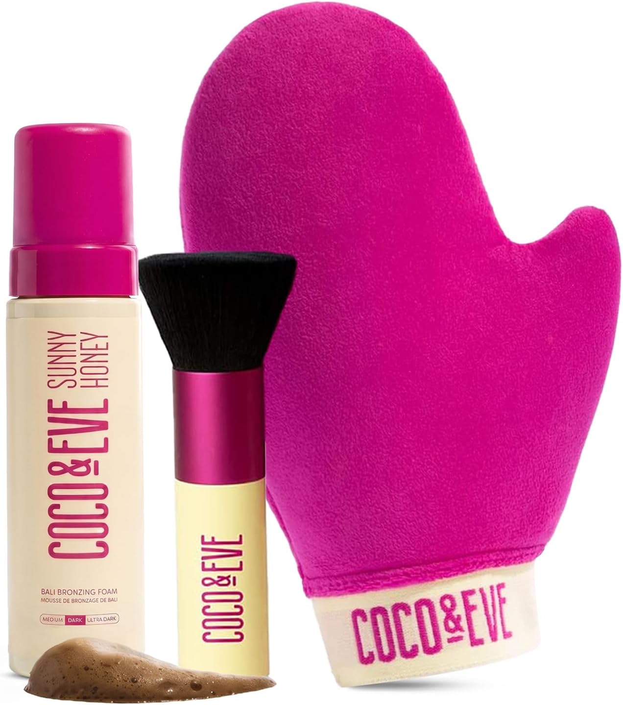 Sunny Honey Bali Bronzing Bundle. All Natural Sunless Tanning Mousse. Instant Self Tanning Lotion with Bronzer, Mitt Applicator and Kabuki Brush. Dark, 3 Count (Pack of 1)