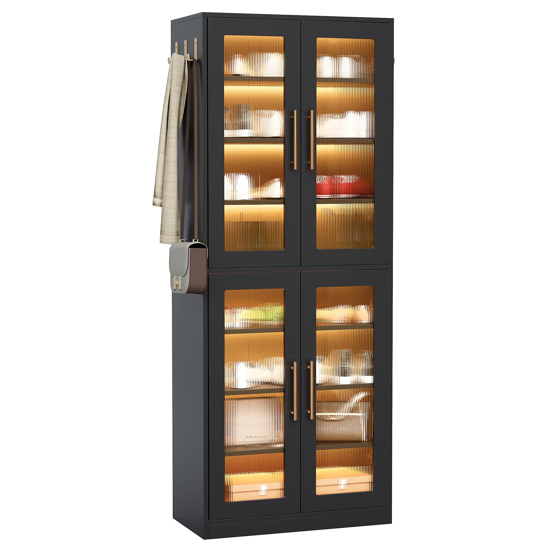 LITTLE TREE Stylish 8-Tier Vertical Shoe Rack with Built-in LED Lighting, Doors for Dust Protection, and Convenient External Hooks, Shoe Cabinet for