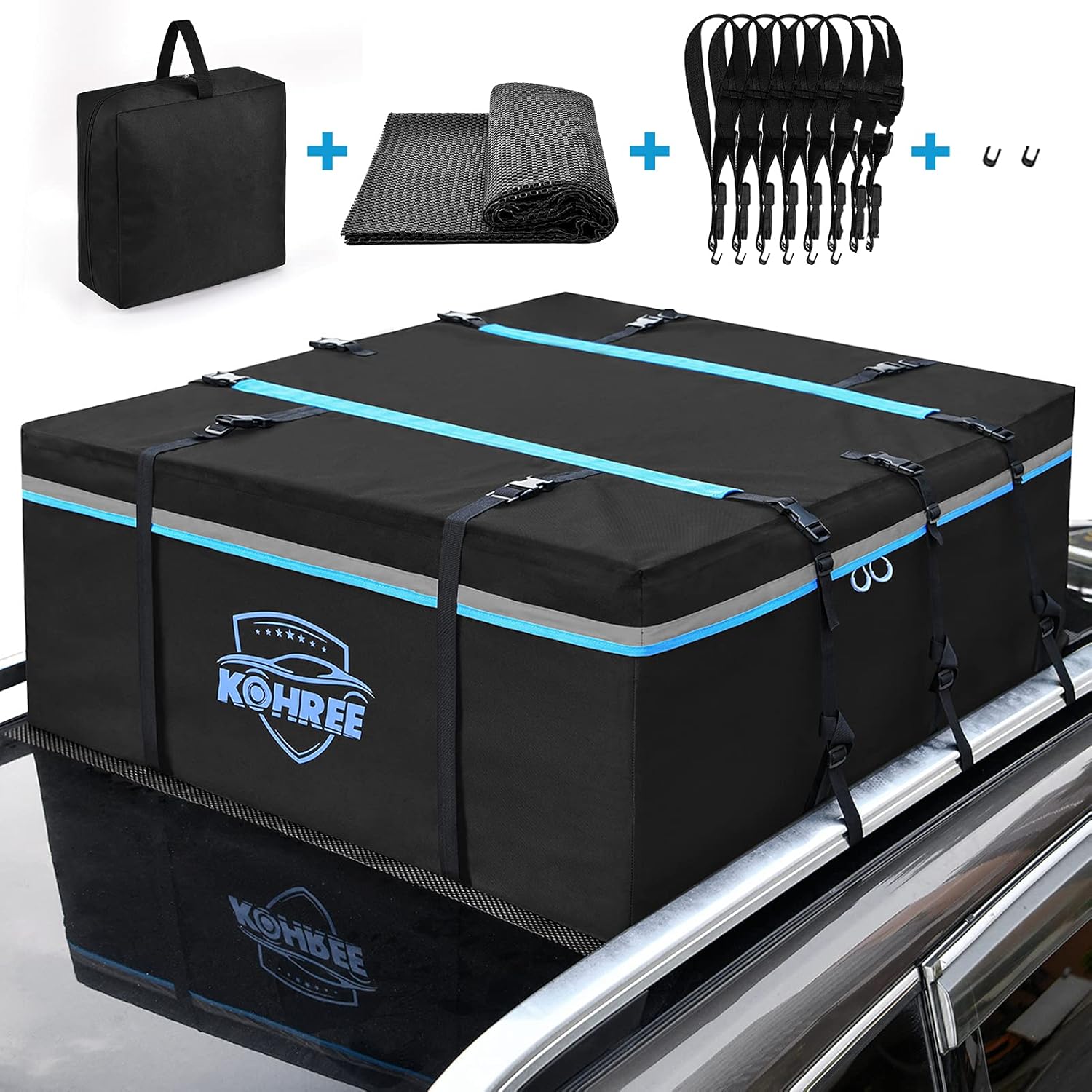 Amazon Kohree ルーフキャリアバッグ 450l ルーフボックス 防水 ルーフトップカーゴバッグ 車用 屋根 高強度600d 折り畳み 取付簡単 滑り止めシート 収納袋付き 8本ベルト 防雨 防雪 1年安心サービス ルーフbox ラック 車 バイク