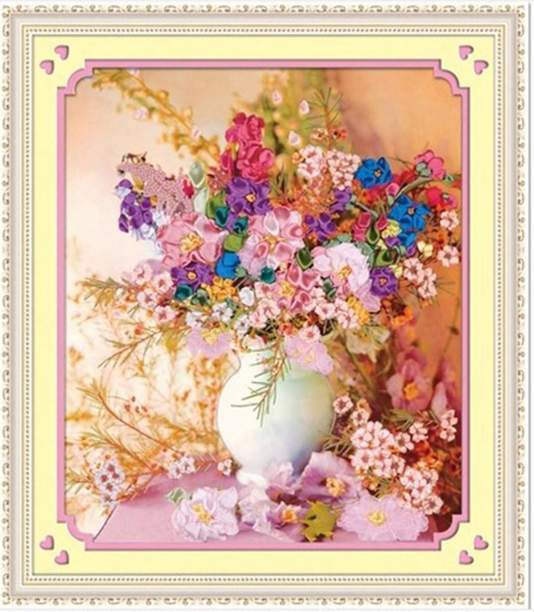 Aureate Handmade Ribbon Embroidery Kits Canvas 3D Wall Art Home Decoration DIY Needlepoint Tapestry Hanging Gift Floral Vase 19"×22"