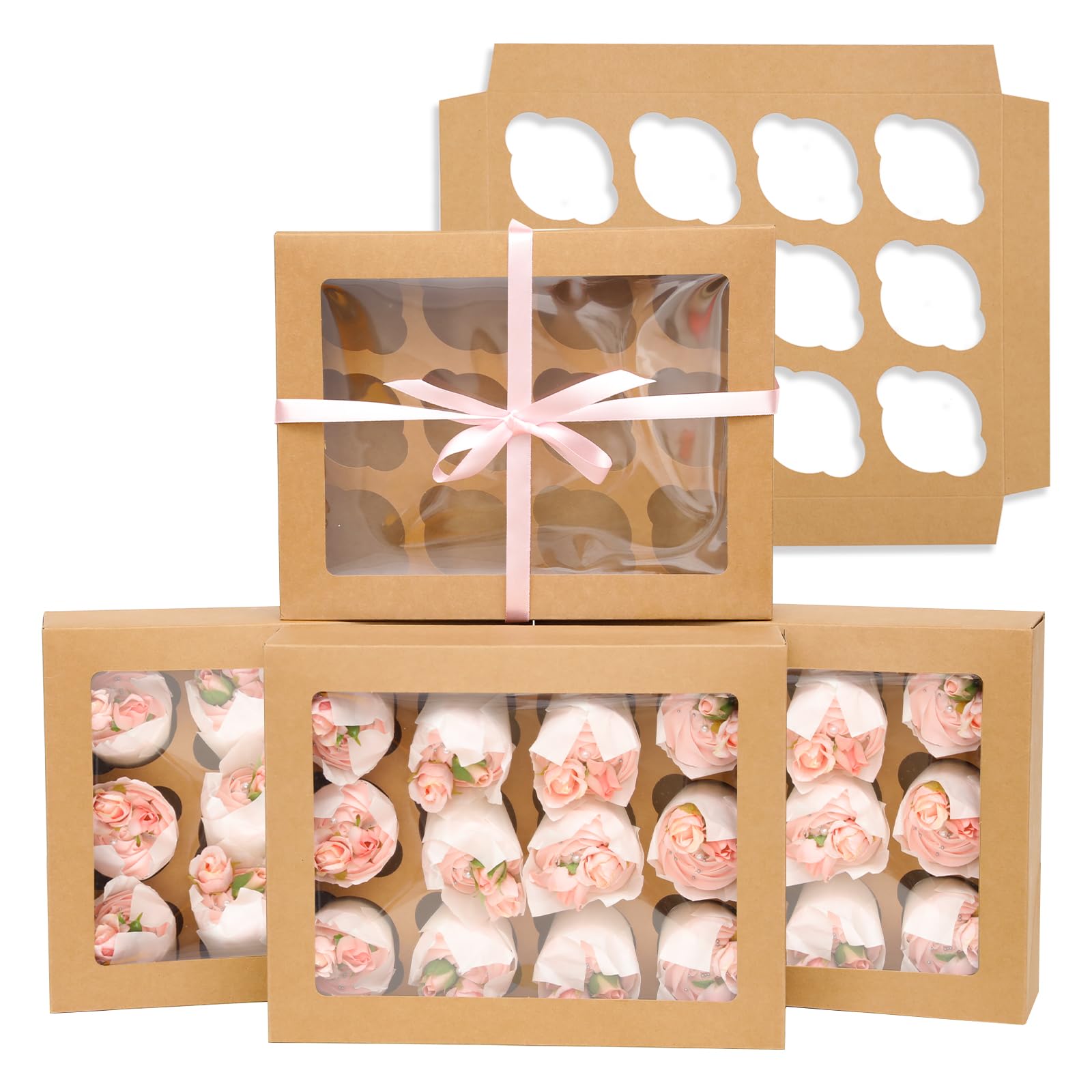 Gcardist Auto-pop Up 12 Cupcake Boxes with Window Brown 12 Packs Cupcake Box 33x25.4x9cm Bakery Boxes for Cupcakes Carrier Cupcake Containers