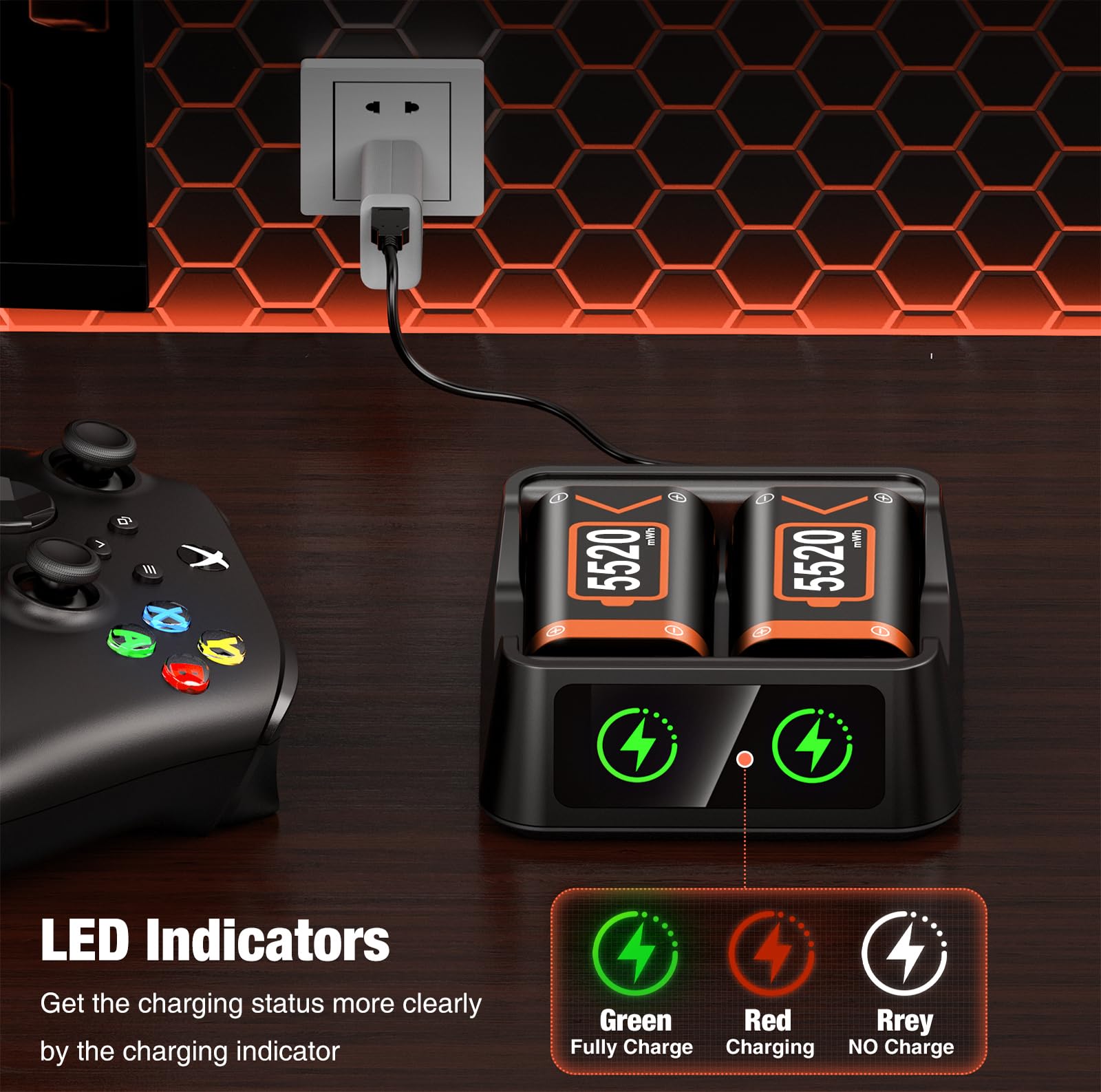HELLCOOL Paquete de batería para mando Xbox, 2 x 5520 mWh recargable con indicador LED y cable de carga para Xbox Series X|S, One, Elite, S|X