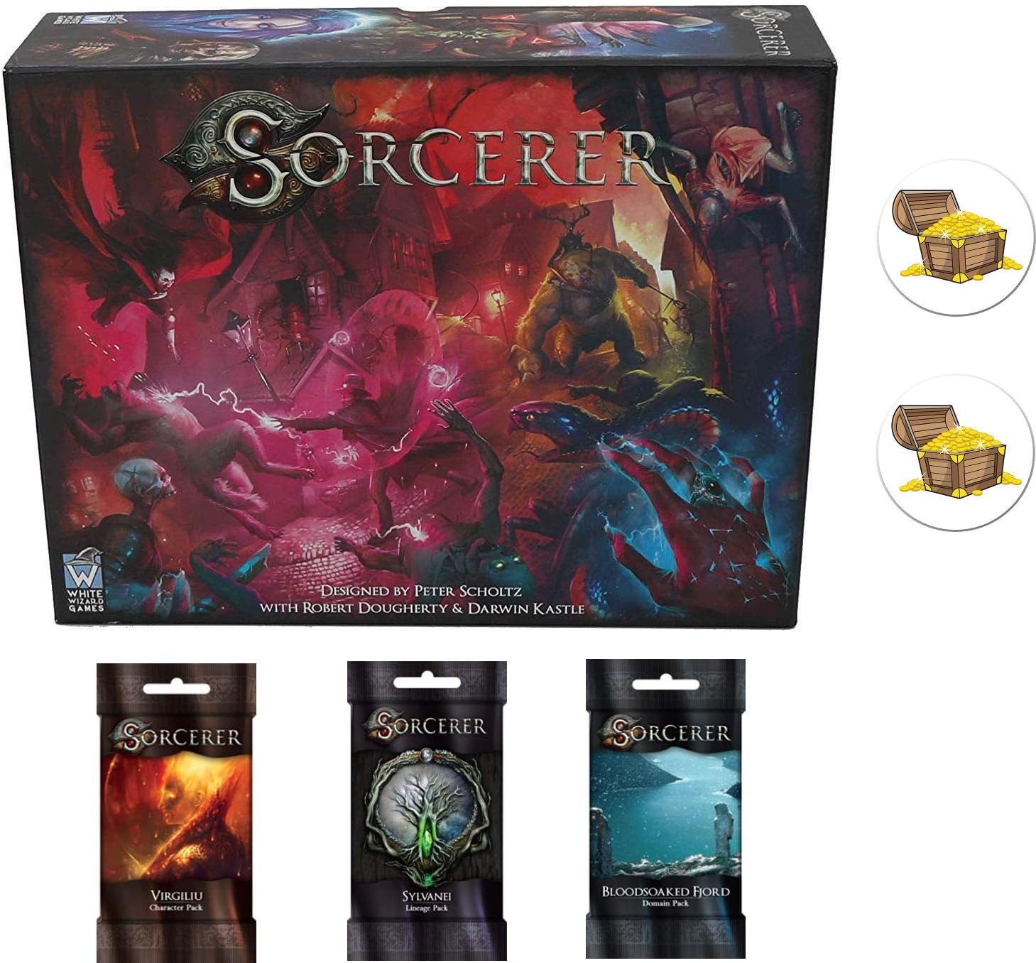 Mixed Sorcerer Base Game and The Virgiliu Character, Sylvanei Lineage, and Bloodsoaked Fjord Domain Decks Plus 2 Treasure Chest Buttons