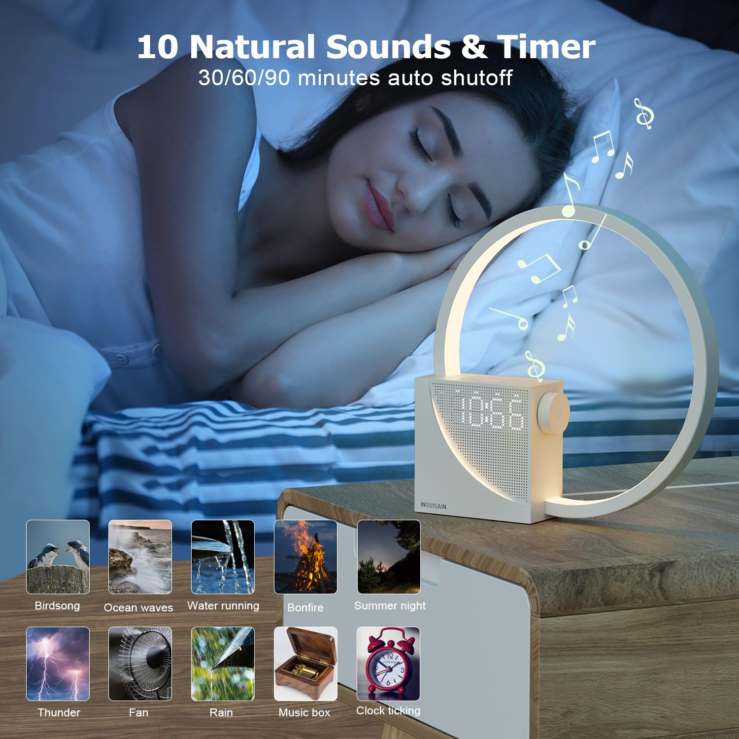 Lámpara De Cabecera De 10w, 2 Despertador, 10W Puertos de Carga USB, Luz Nocturna de 3 Niveles de Brillo,10 Sonidos Naturales,Ayudar a Dormir a Bebés Y Adultos (Beige)