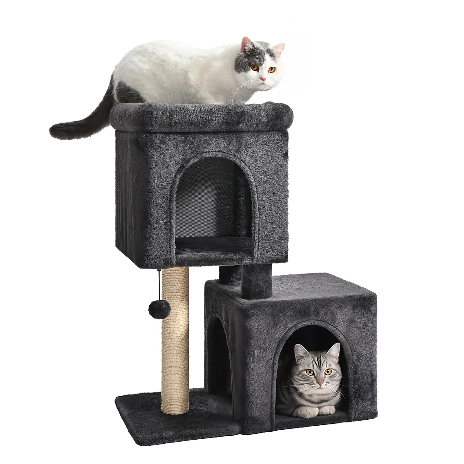 Amazon Basics 30-Inch Cat Tree Tower, Activity Center with 2 Plush Condos, Sisal Scratching Post and Hanging Pompom, Gray