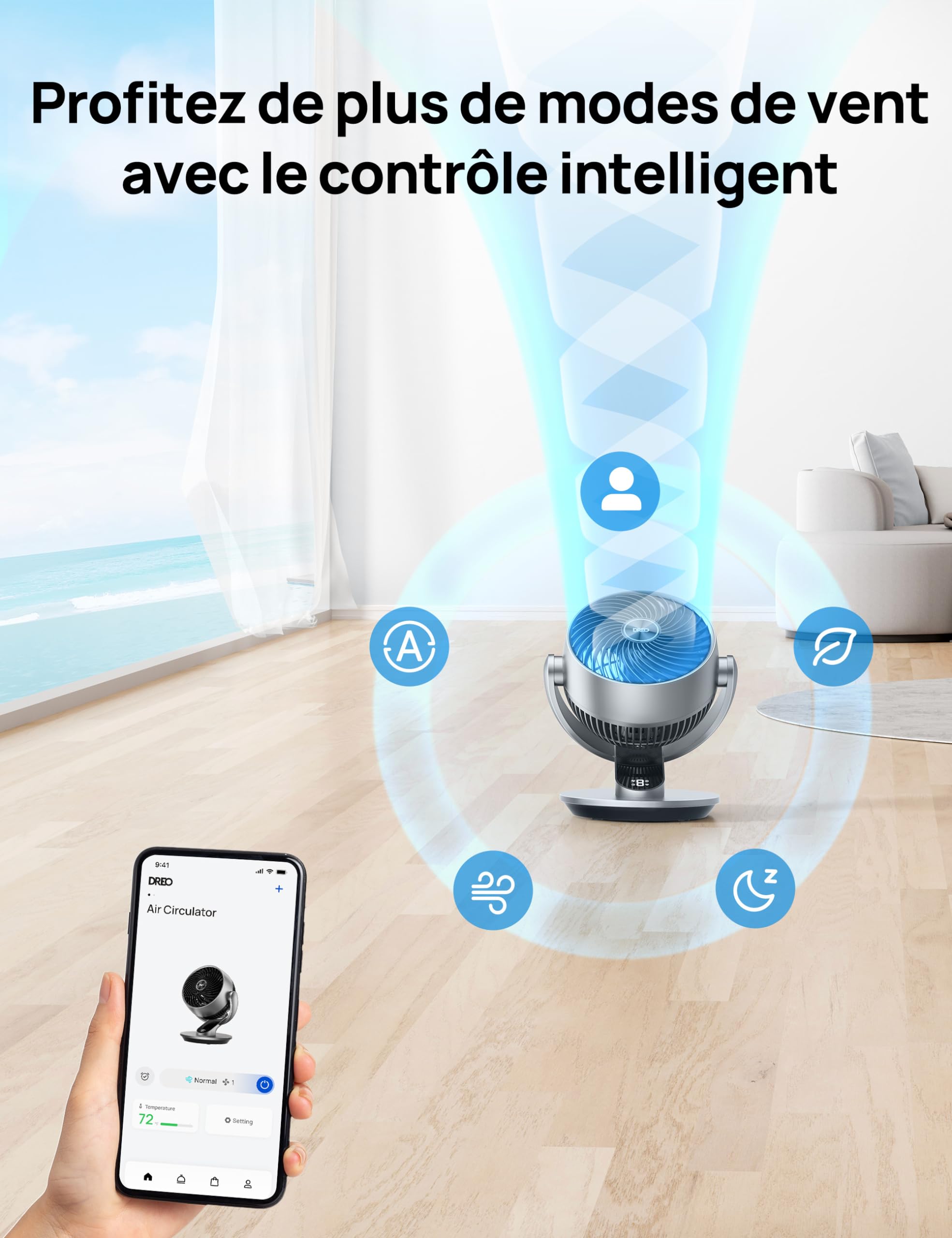 DREO Ventilateur de table 28 dB, 18 cm, 4 vitesses, 5 modes, minuterie 12h, oscillant à 120° + 90° avec télécommande, commande vocale, refroidissement, Lynx S, argent.