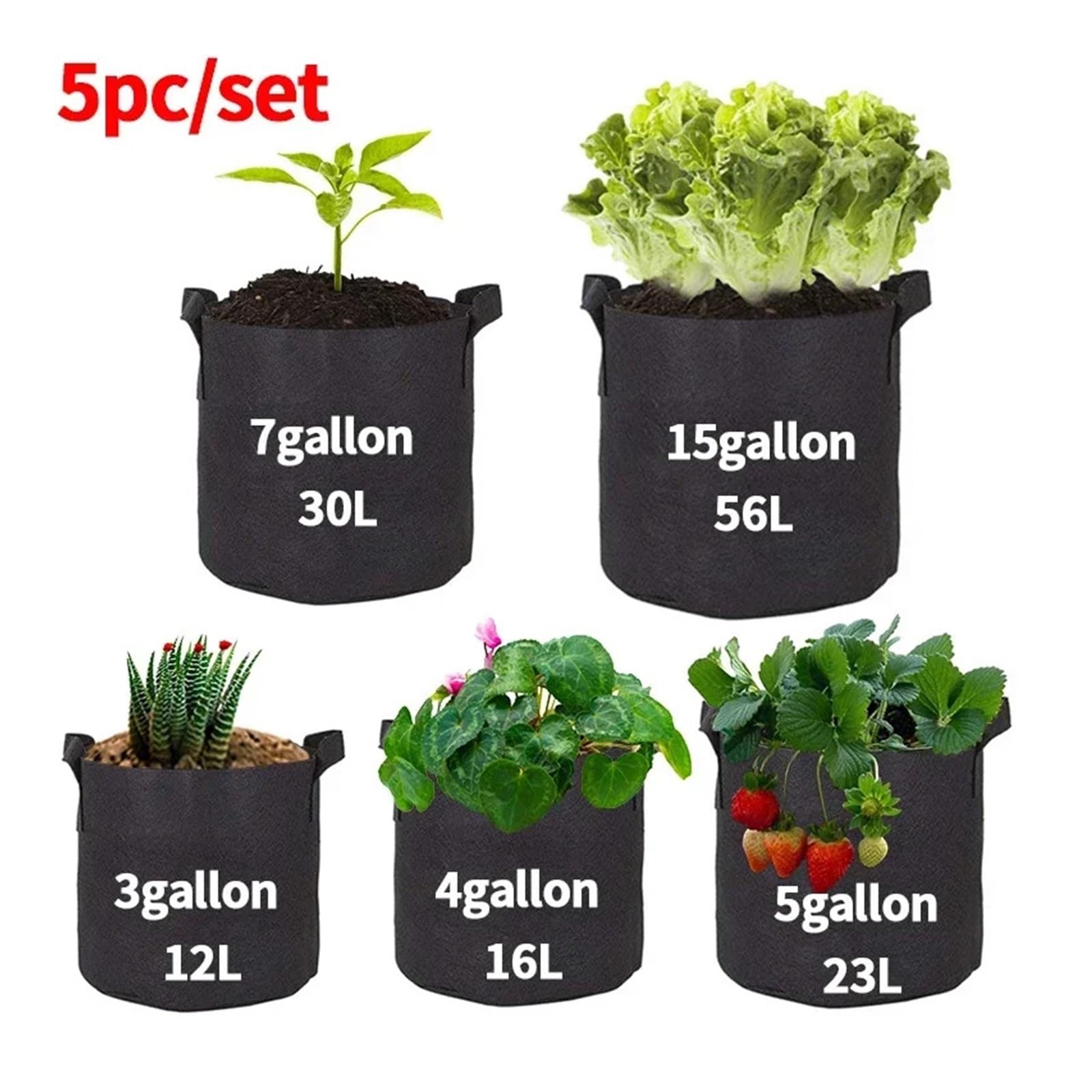 Bolsas de Cultivo 5PCS Vegetable Grow Bags Felt Planting Bag Potato Tomato Seeding Pots Flower Nursery Accessories(S8 30Gallon)