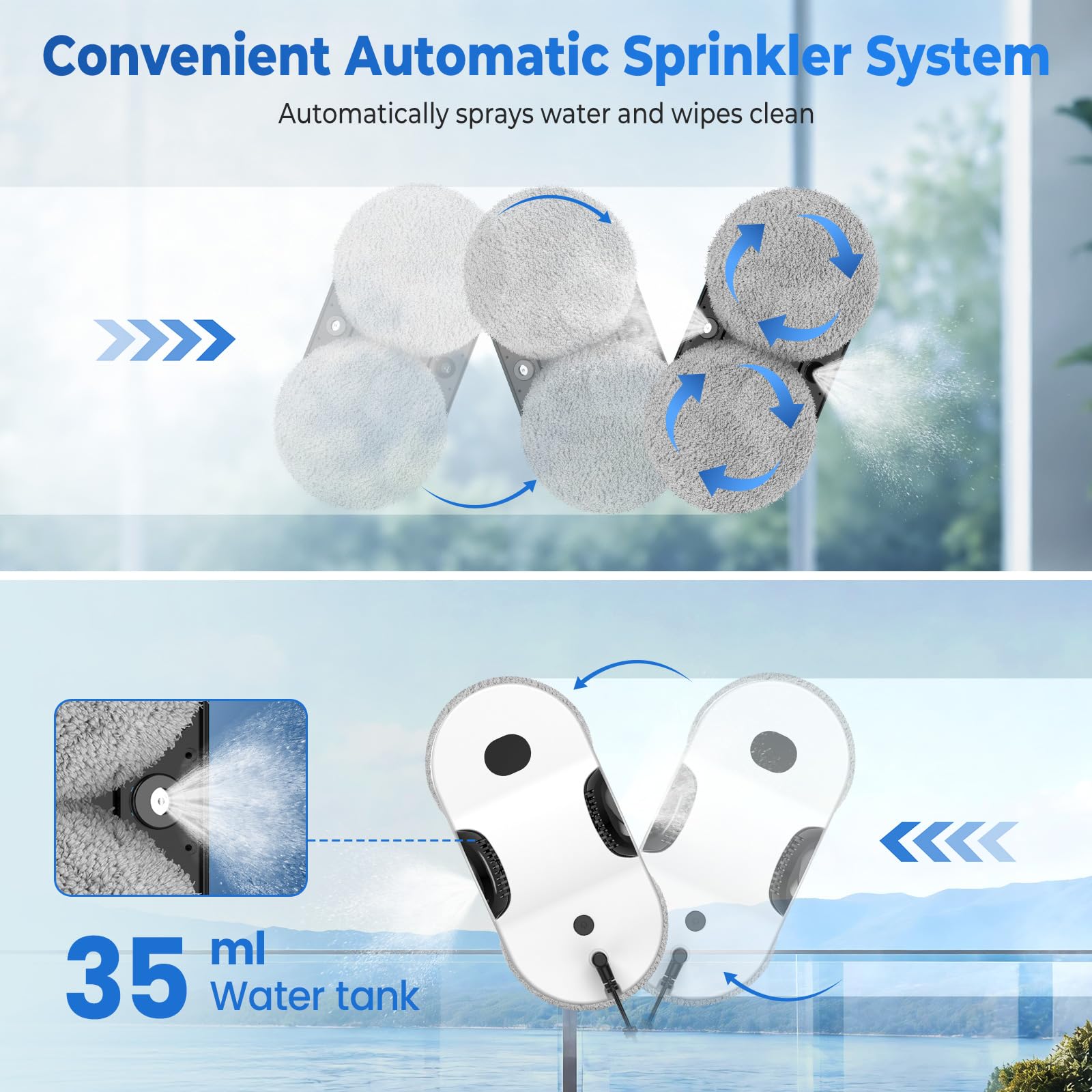 WIWOLER Robot Lavadora de Ventanas, 6000Pa Limpiador de Cristal Automático | Motor sin escobillas, doble pulverización, UPS 35Min seguridad, control remoto, 8 paños para ventanas de cristal