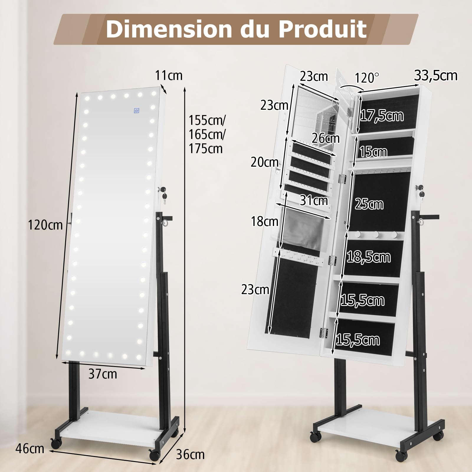 RELAX4LIFE Armoire à Bijoux sur Pied à Roues, Miroir Rangement Bijoux avec LED 3 Couleurs, Hauteurs & Angles Réglables, Étagère Inférieure, Meuble Bijoux pour Chambre Dressing(Blanc)