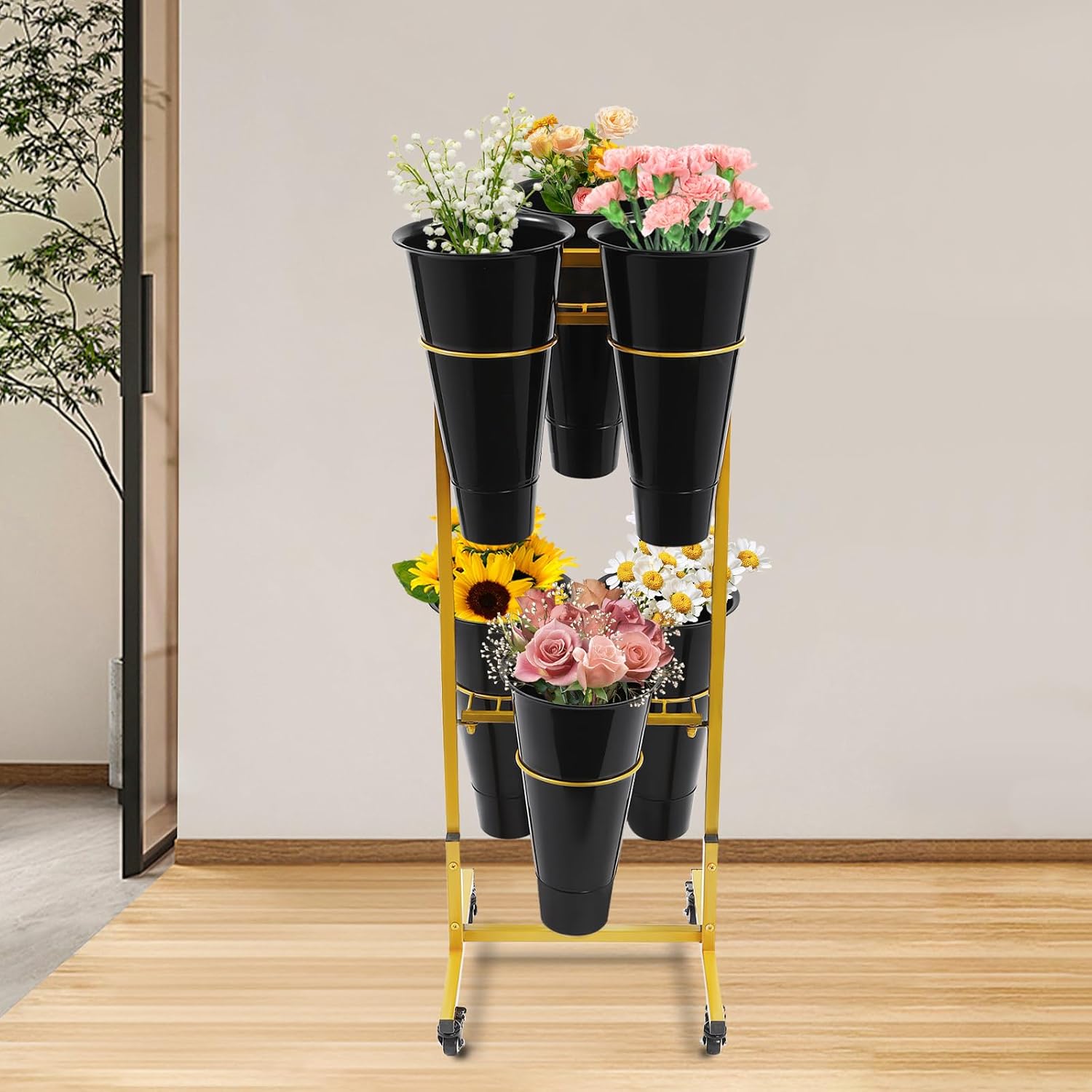 Flower Display Stand with 6pcs Buckets, 2 Tiers Rust-Removal Metal Plant Stand Moving Flower Display Shelf Flower Rack for Homes, Gardens, Florists, Living Rooms (Black)