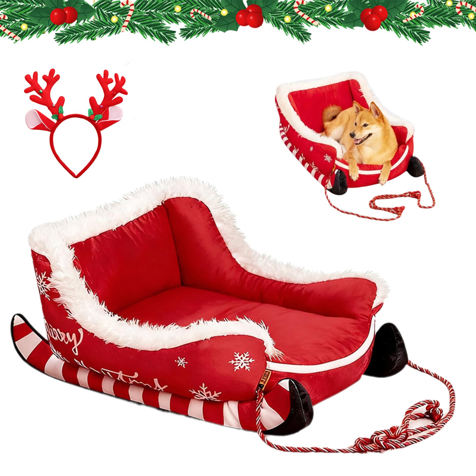Cuccia per cani a forma di slitta natalizia, cuccia calda per animali domestici a forma di slitta di Babbo Natale, cuccia natalizia lavabile in peluche per gatti con base antiscivolo (Rosso, L)
