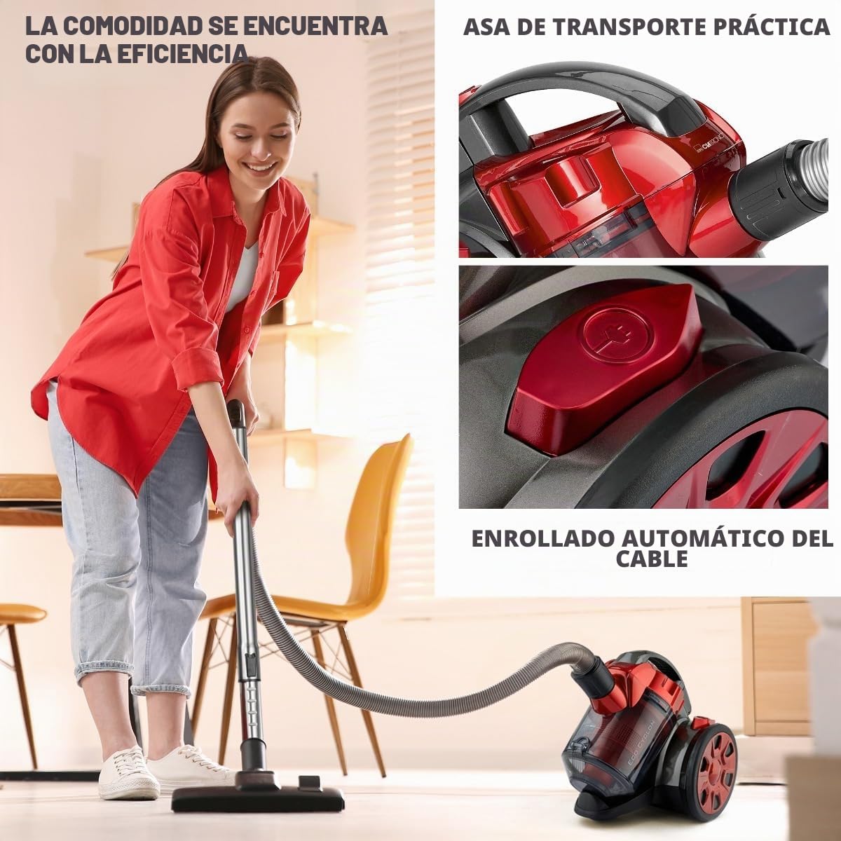 Clatronic BS 1308 Aspiradora ciclónica sin Bolsa Potente, Filtro HEPA, Tubo telescópico Metal, Cepillo Mixto y rinconera,eficiencia energética A, 700 W, Rojo