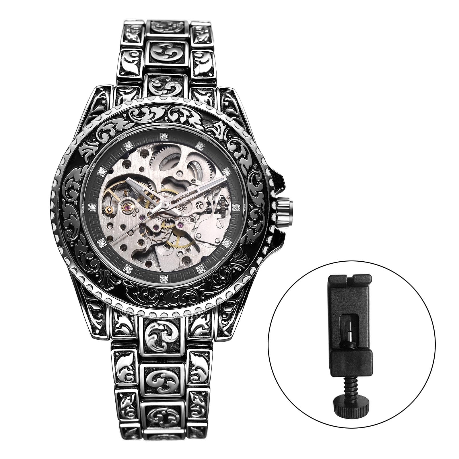 JewelryWe Zegarek męski w stylu vintage, szkielet: 2 sztuki, 36 godzin, rezerwa biegów, automatyczny, mechaniczny, ze stali nierdzewnej, automatyczny zegarek ze świecącymi wskazówkami, skala