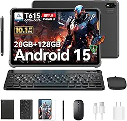 Tablet 2025 mais recente de 10,1 polegadas Android 15 com processador T615 Octa-core, 20 GB + 128 GB de armazenamento, tablets para jogos com Google Gemini-AI, WiFi 5G, 8 MP/Face ID, tablets 2 em 1