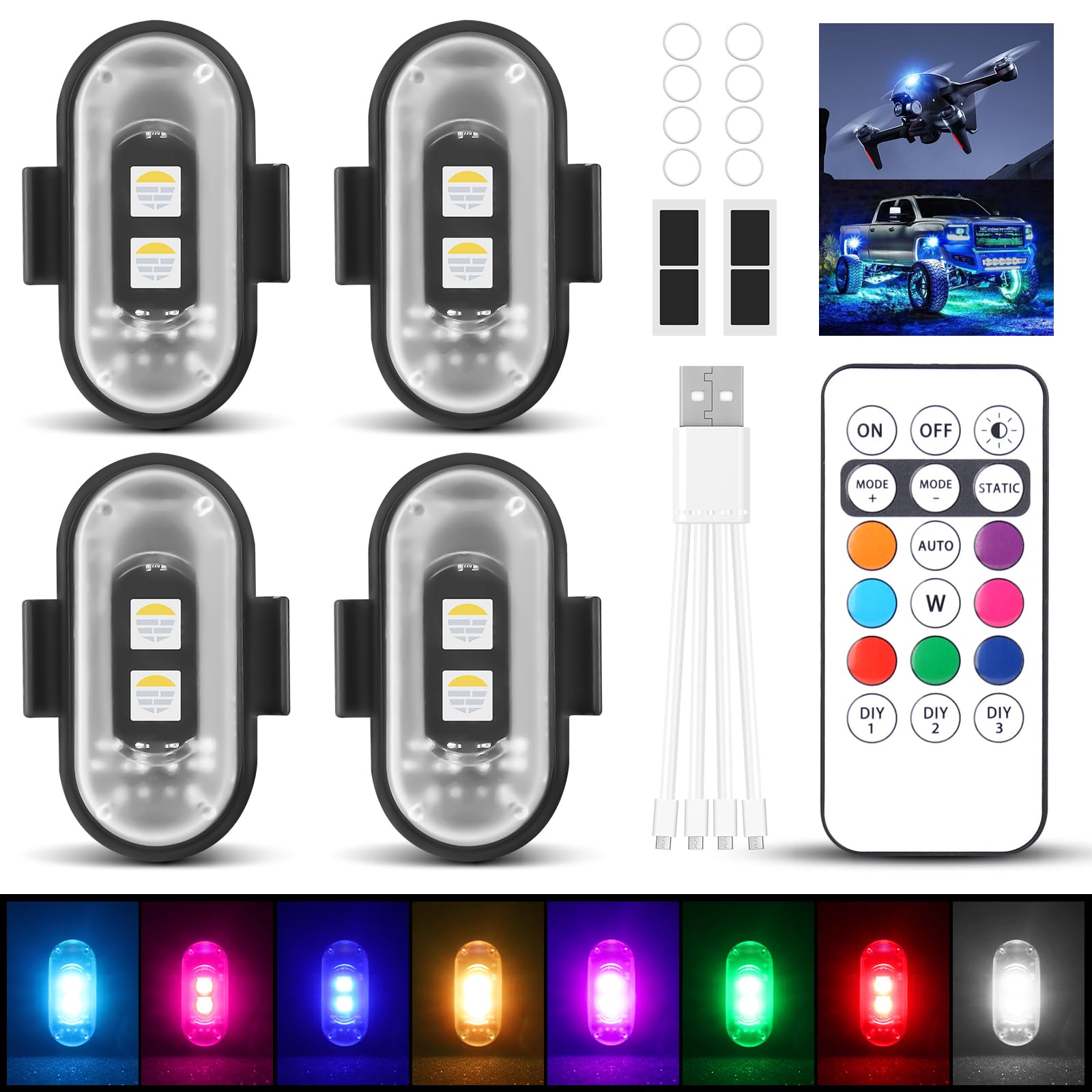 4 Piezas Luces Estroboscópicas LED, 8 Colores Luz Estroboscópica para Drones Luz Estroboscópica de Señal, Mini Lámpara de Dron Luces de Advertencia Nocturnas