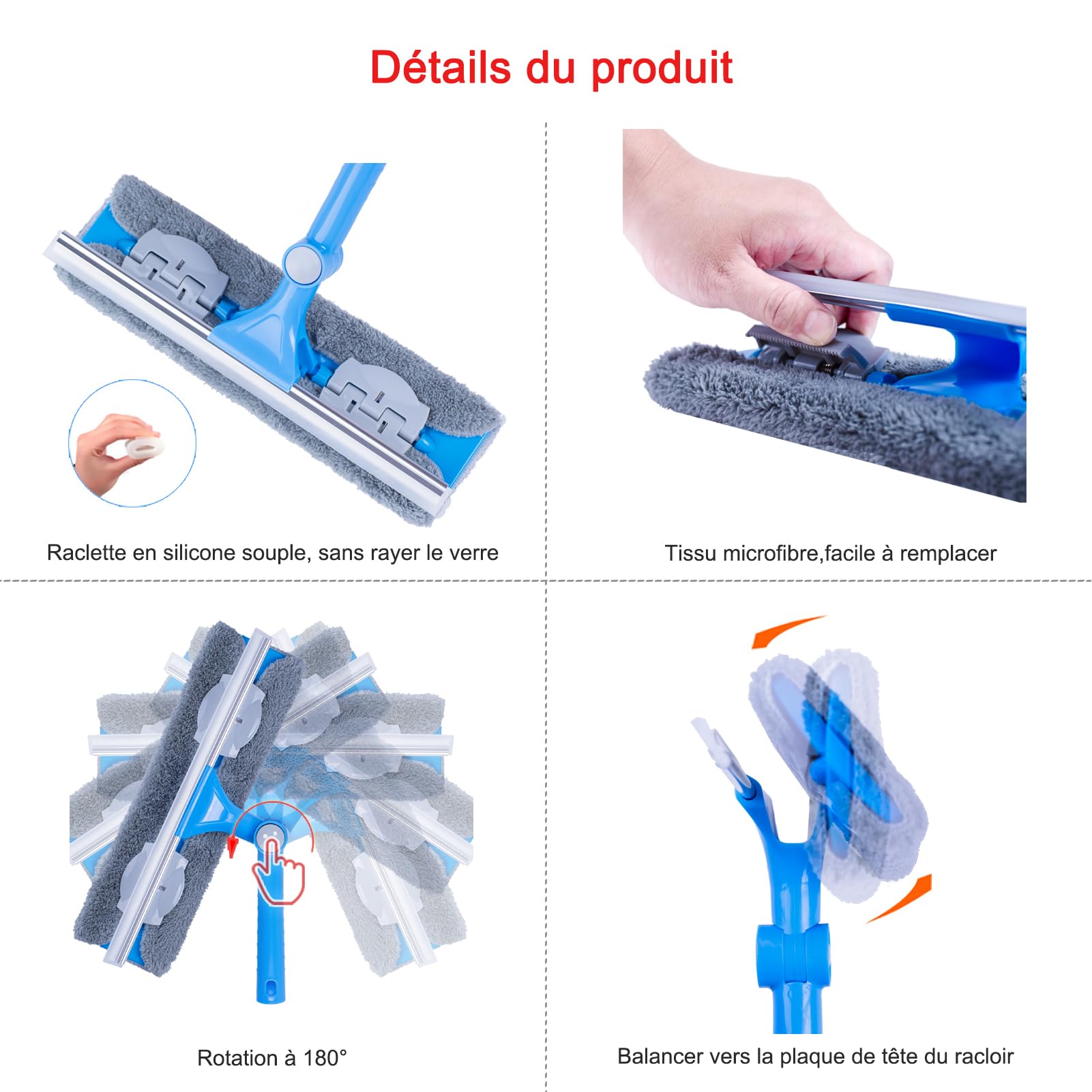 Mitclear 3-en-1 Nettoyeur de Raclette Vitre Kit(3,7m) avec Manche Telescopique,Extensible Balai Lave vitre avec Raclette (31cm) pour fenêtres Hautes Intérieures/Extérieures