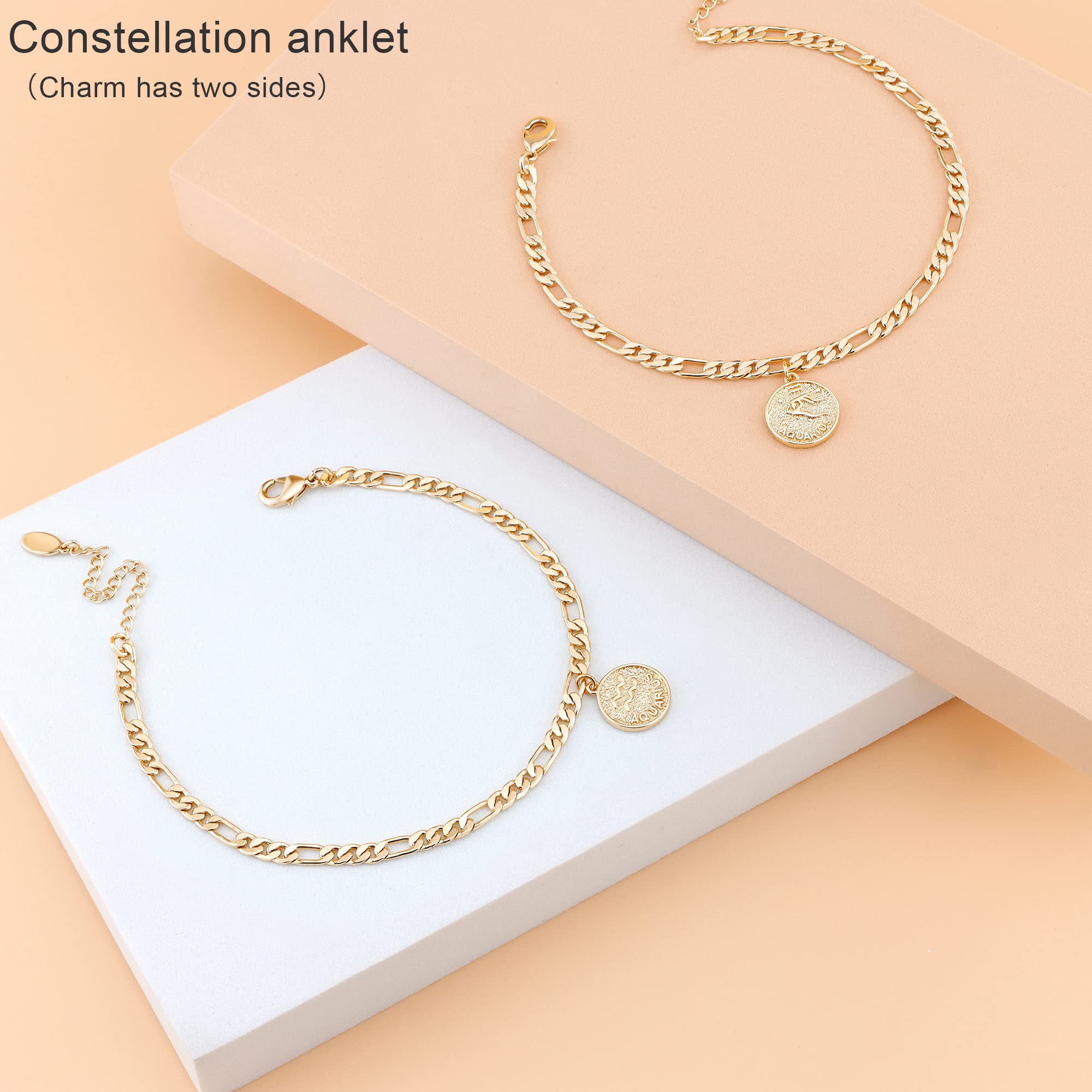 Dainty Zodiac Constelación cadena tobillera Signo del zodiaco Disco Aries Figaro Cadena Tobillera Pulsera de Oro Real de 14 K para Mujer 7